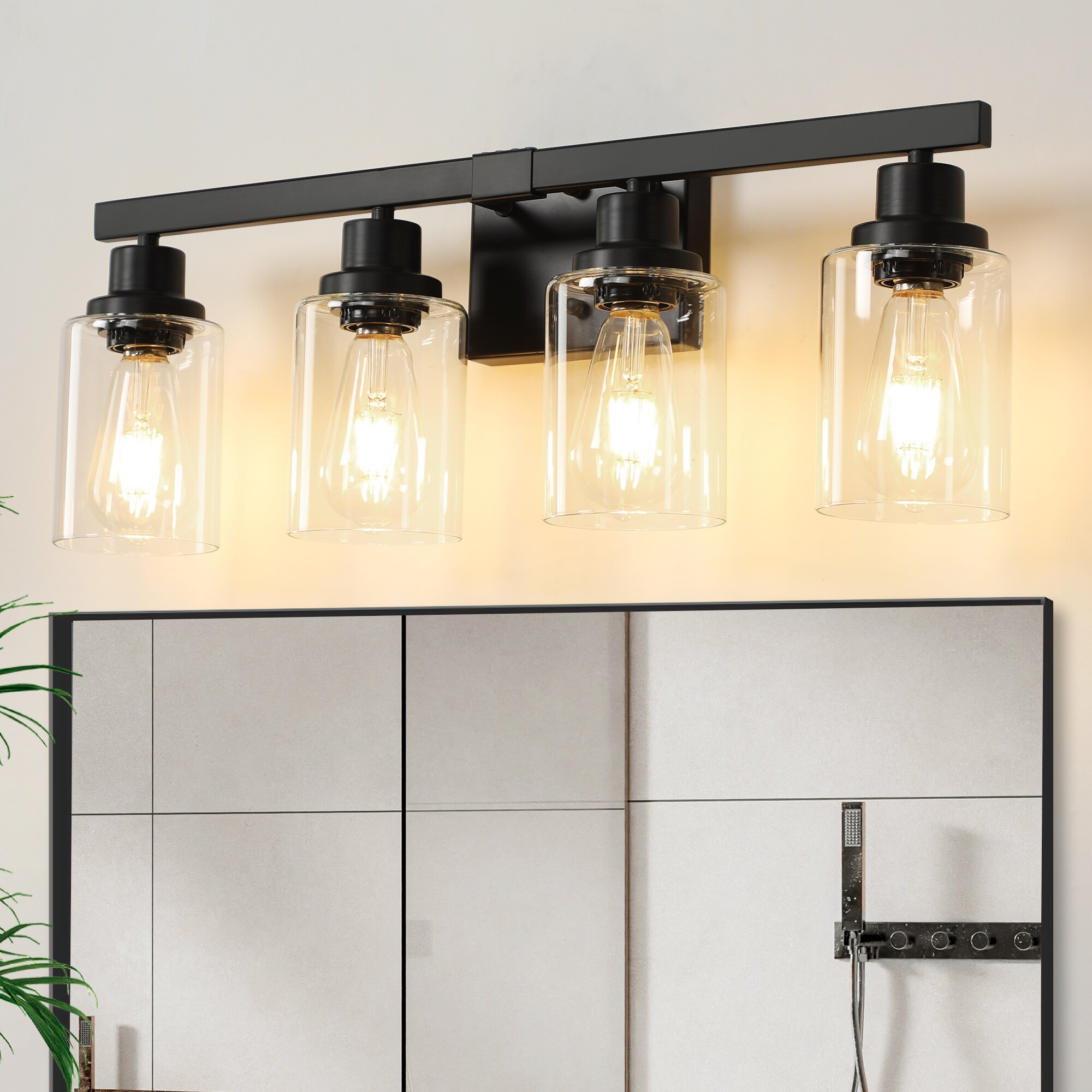 DAKAFUL 24-in 4-Light Black Transitional Bathroom Vanity Light Fixture Over Mirror with Clear Glass Shades for Mirror Kitchen Living Room Hallway Cabinet Porch