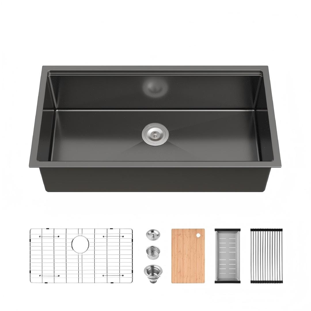 JUSHUA Black 36 inch x 19 inch Multifunctional Undermount Flying Rain Waterfall S304 Stainless Steel Handmade Modern Single Bowl Kitchen Sink
