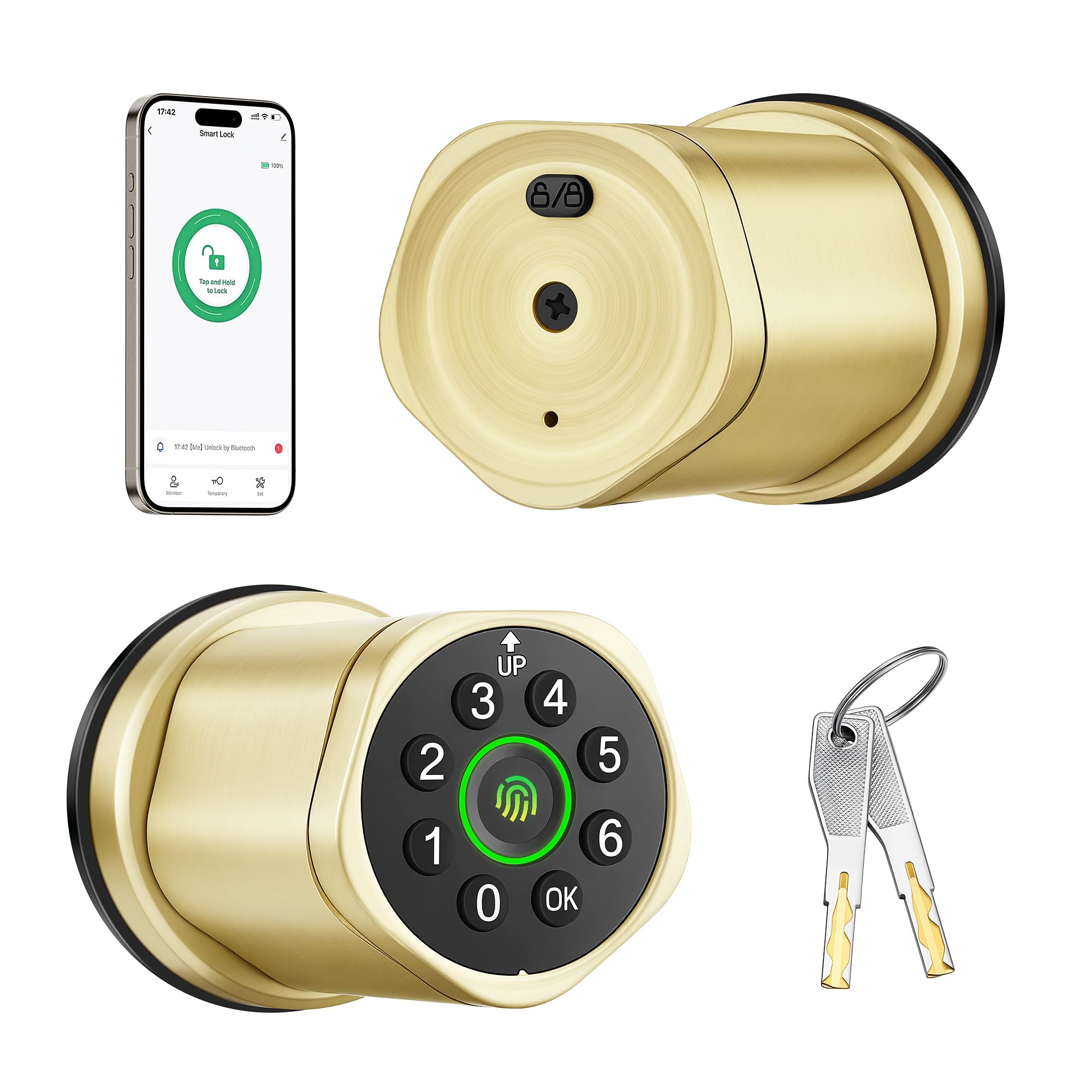 ITOPFOX  4 in 1 Smart Door Lock with Fingerprint Keypad Phone App and Mechanical Key Keyless Entry Electronic Lock for Home Office Bedroom