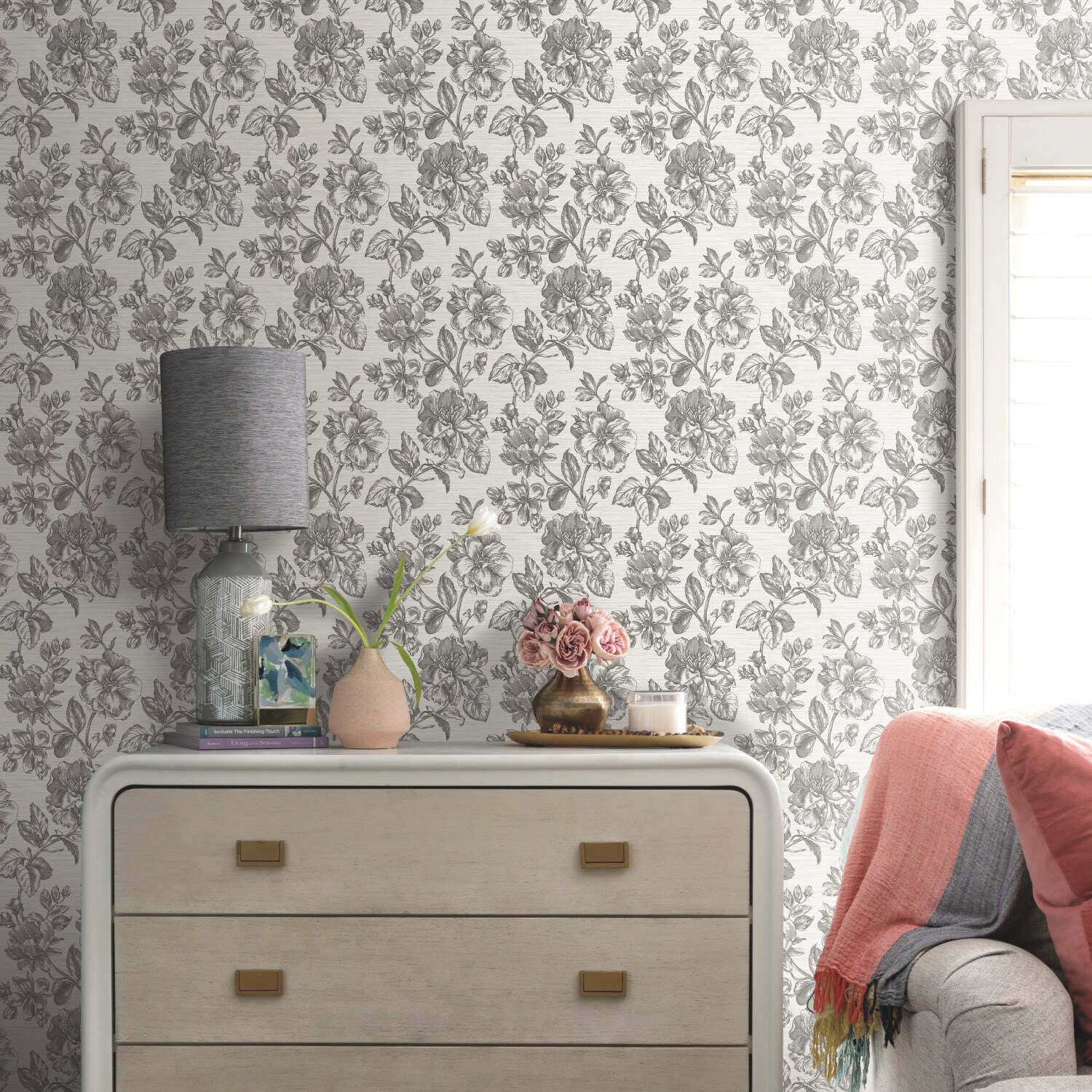 RoomMates RMK12519RL 28.29-Sq. Feet Gray Vinyl Floral Self-adhesive Peel and Stick Wallpaper