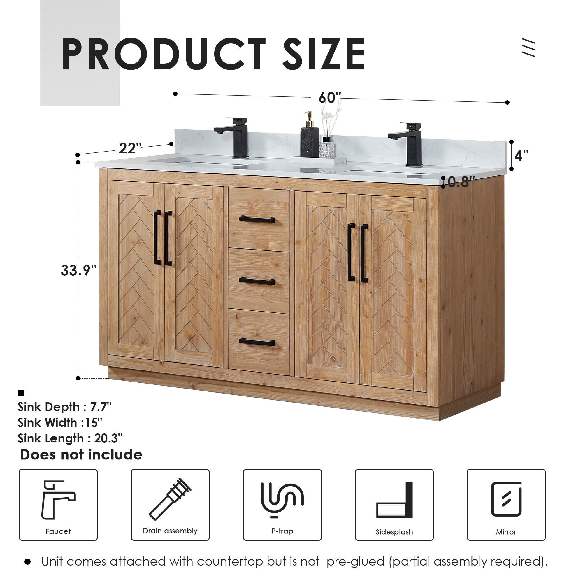Anais 60" Light Brown Wood Vanity with White Stone Top