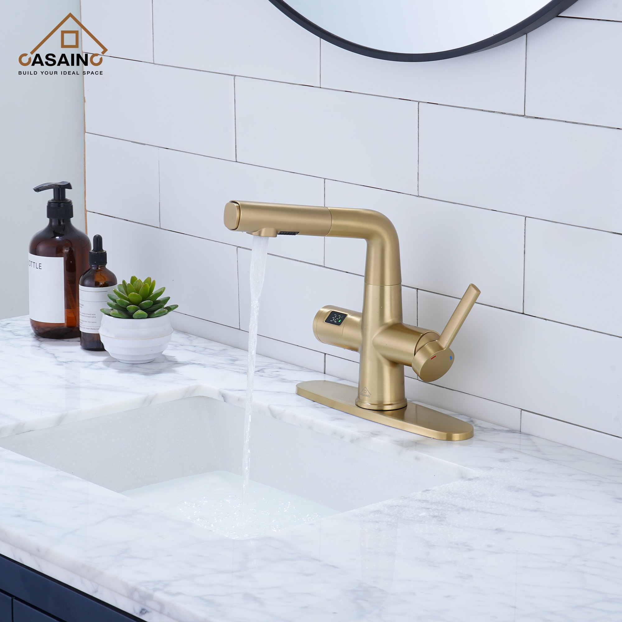 Casainc Brushed Gold Single Hole 1 Handle Pull Down Bathroom Sink Faucet With Deck Plate In The