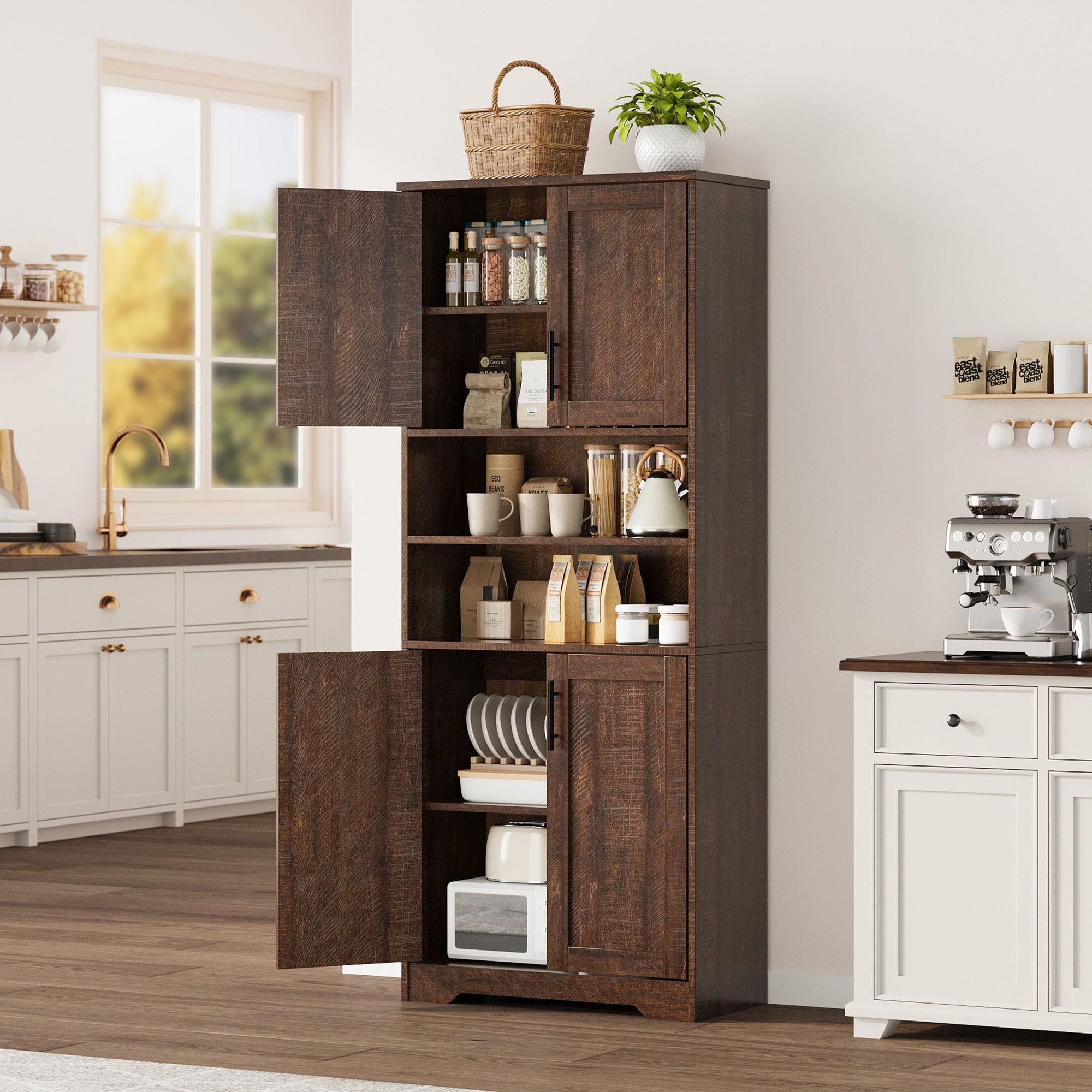 IdealHouse 67 Inch Kitchen Pantry Cabinet - Tall Wooden Storage with 4 Doors 2 Open Compartments and Adjustable Shelves - Freestanding Cabinet for Dining Room Bathroom Coffee Bar (Reddish Red)