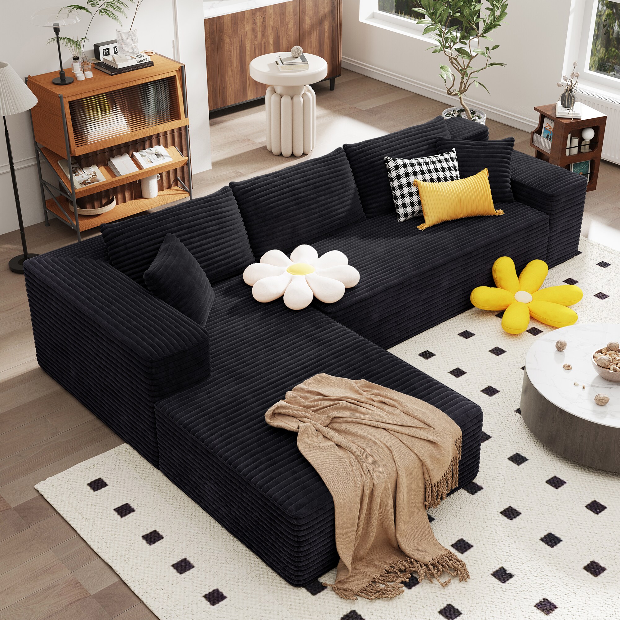 Pouuin SVI43L 104.3-Inches Modern Black Plush Corduroy 3 -seater Sectional