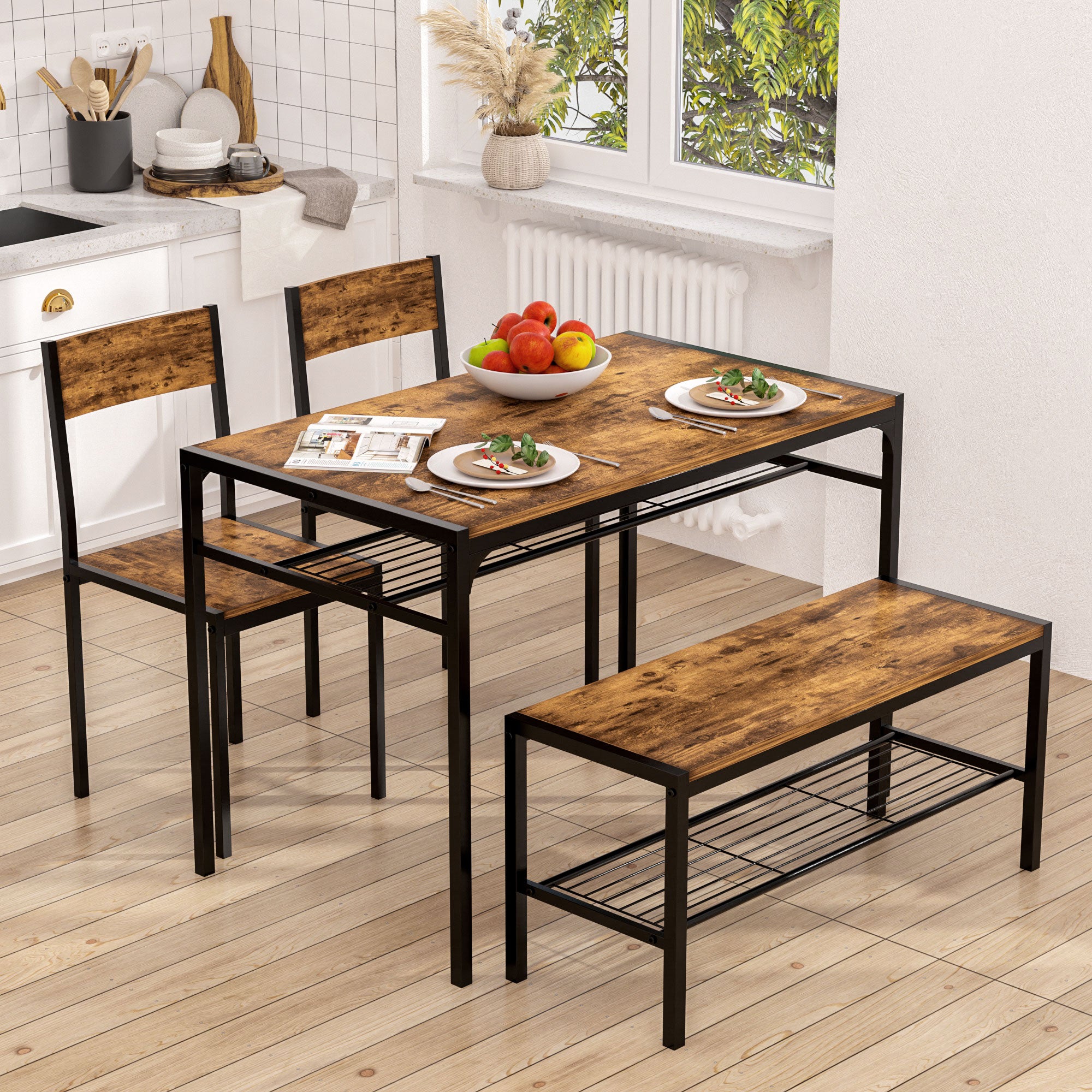 Vecelo LOE-MX-TC20-BRN 4 Person Four Leg Dining Set With Chairs and Bench Rectangular Kitchen Table Set For 4 Farmhouse Breakfast Table Set With Storage Shelf For Small Space