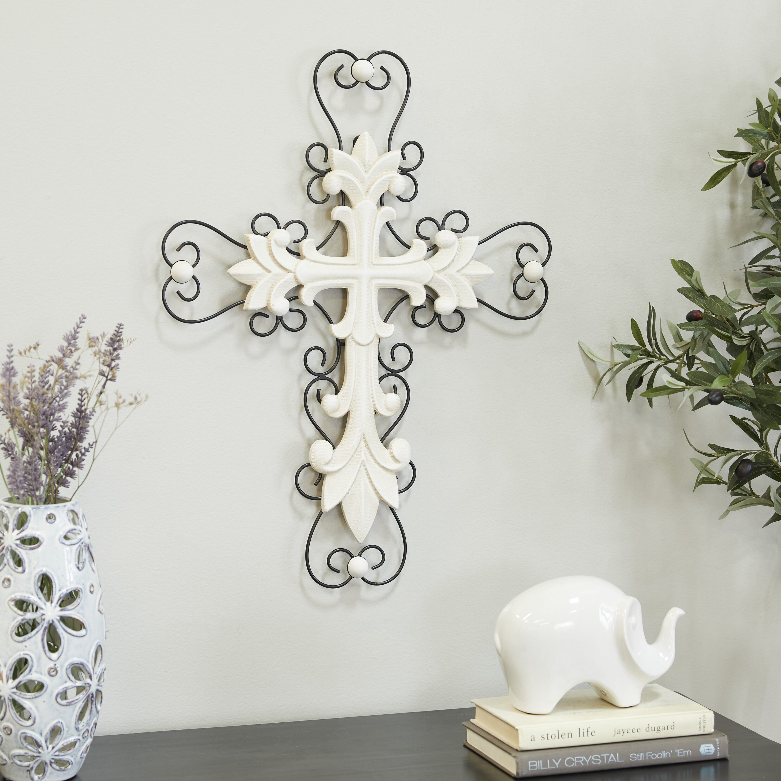 Grayson Lane 95891 18-in W x 24-in H Wood Carved Cross with Metal Scrollwork Abstract Wall sculpture