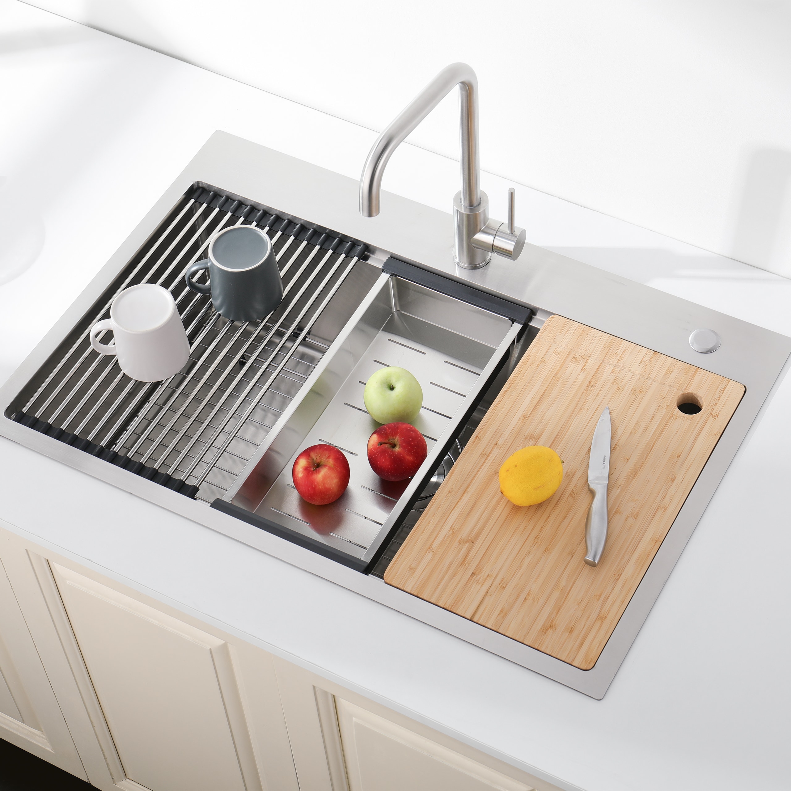 Wooakway Stainless Steel Kitchen Sink 36 in x 22 in Single Bowl Overmount Handmade Sink in Brushed with Cutting Board Colander Grid