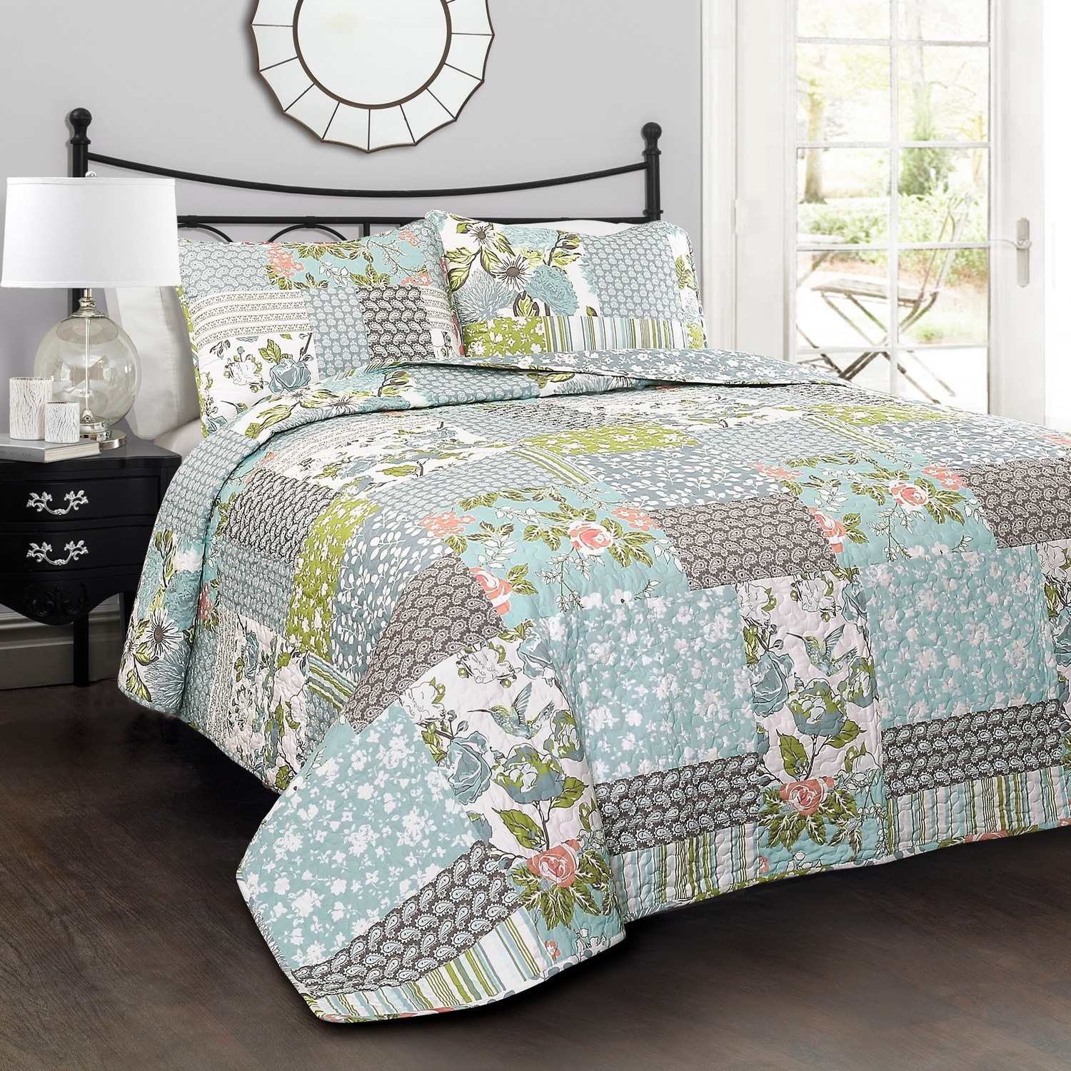 Lush Decor 16T001711 Blue Floral Reversible Full/Queen Quilt Cotton