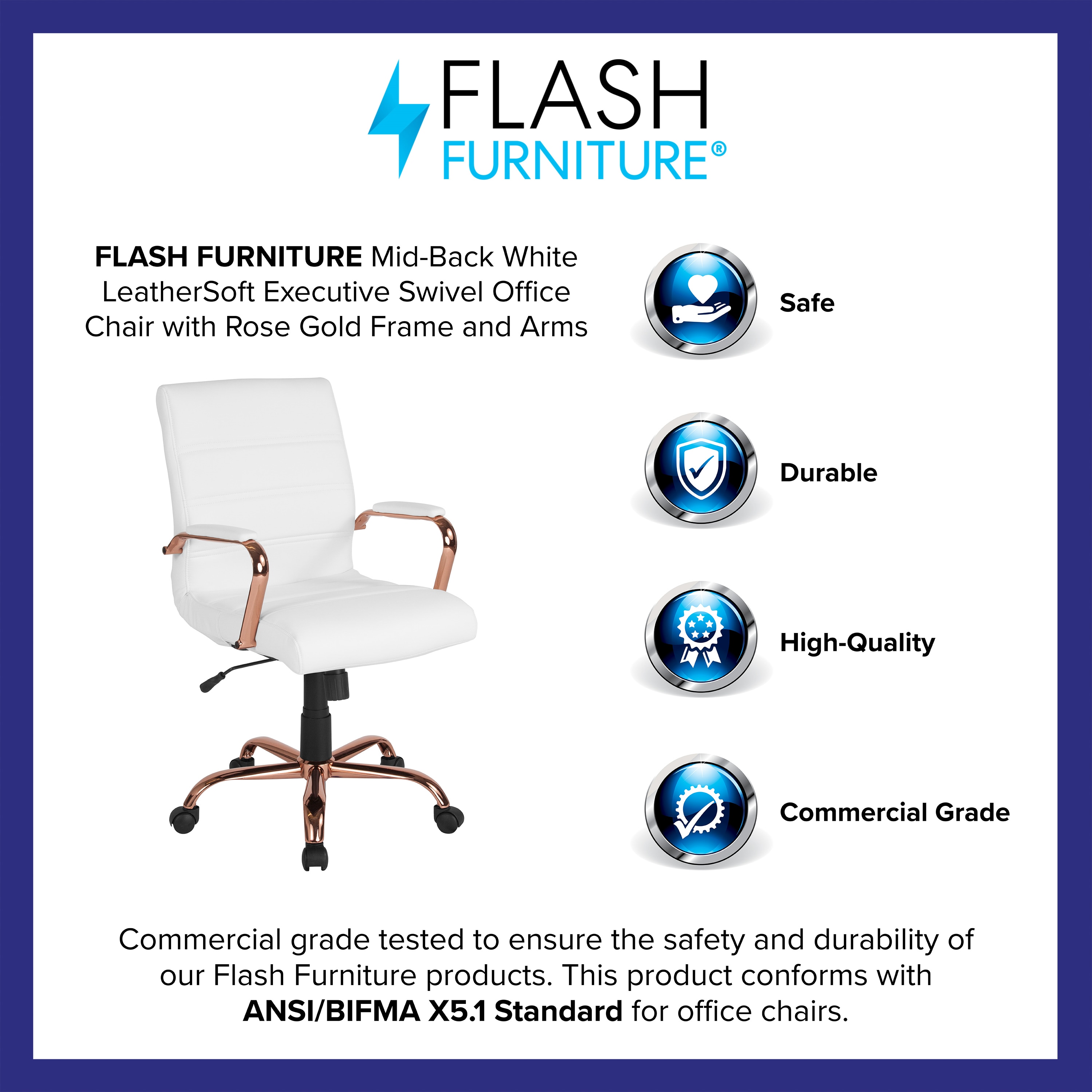 Flash Furniture White Leather/Rose Gold Frame Contemporary Adjustable