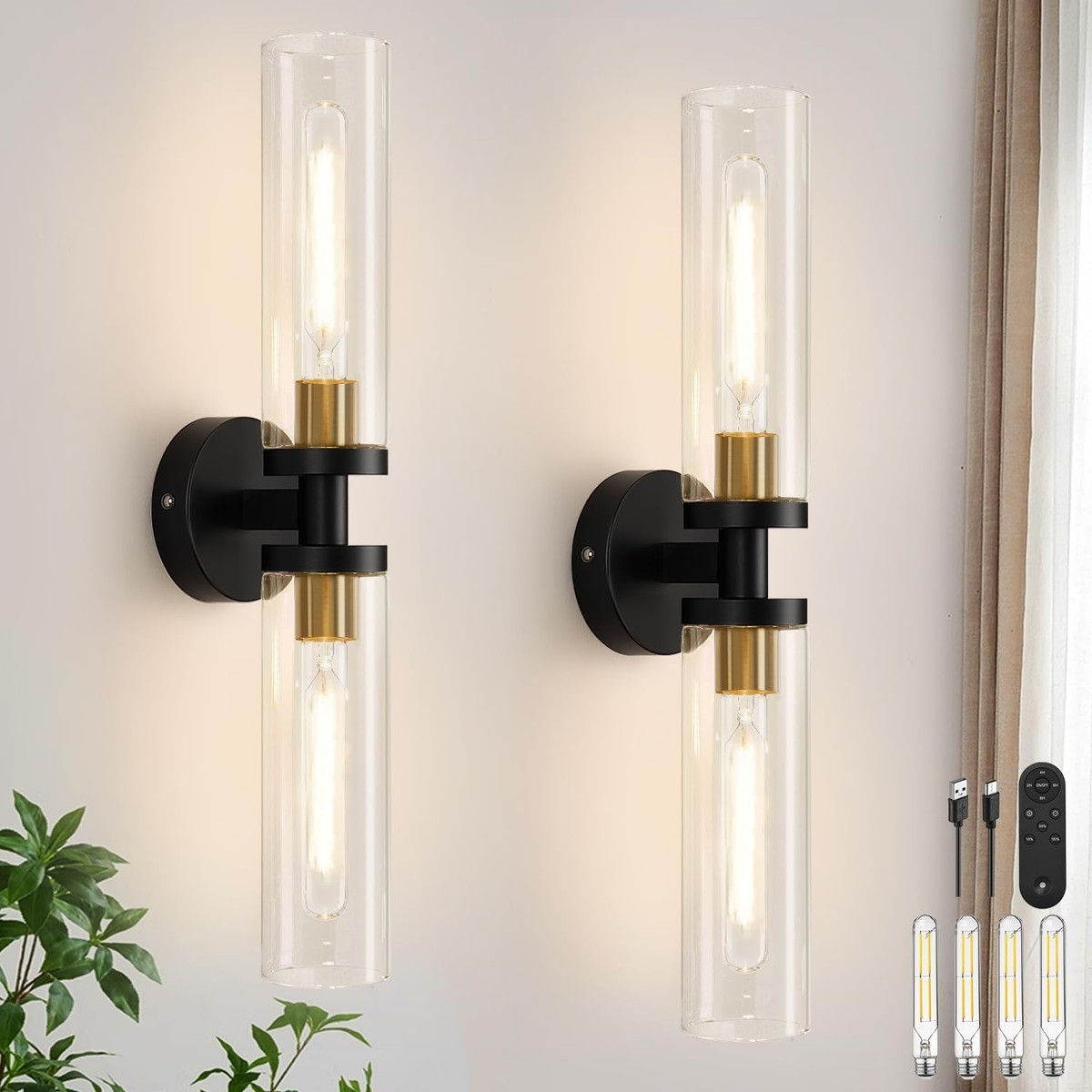 Haisijing  2 Pack Battery Operated Wall Sconces with Remote Control Rechargeable Dimmable Black and Gold Wall Lights 3000K Warm LED for Bathroom Mirror Living Room Bedroom