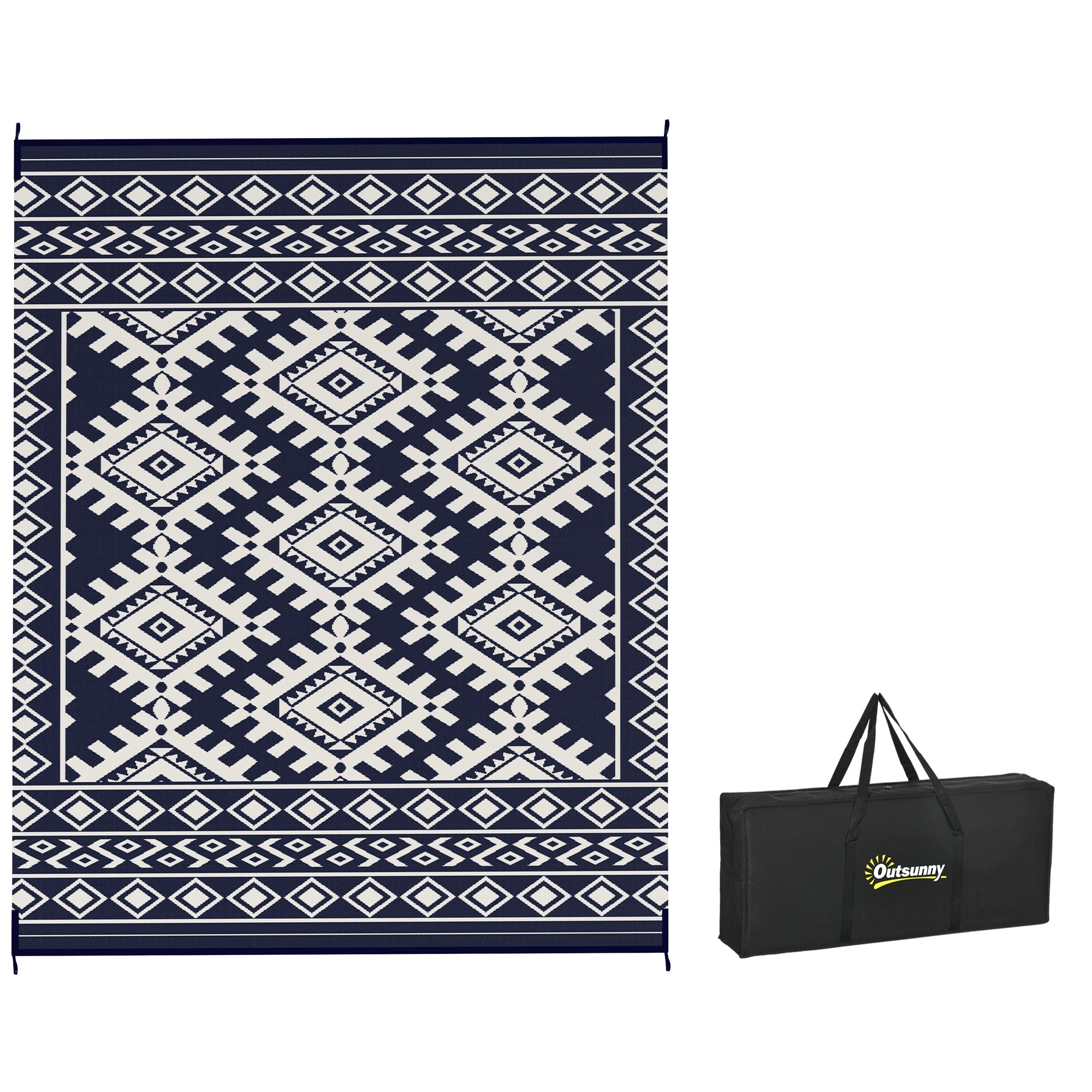 Outsunny 84J-065V00BU Outdoor Patio Rug Large Camping Carpet with Carrying Bag 8' x 10' Waterproof Plastic Straw Reversible Blue  White Rhombus Border