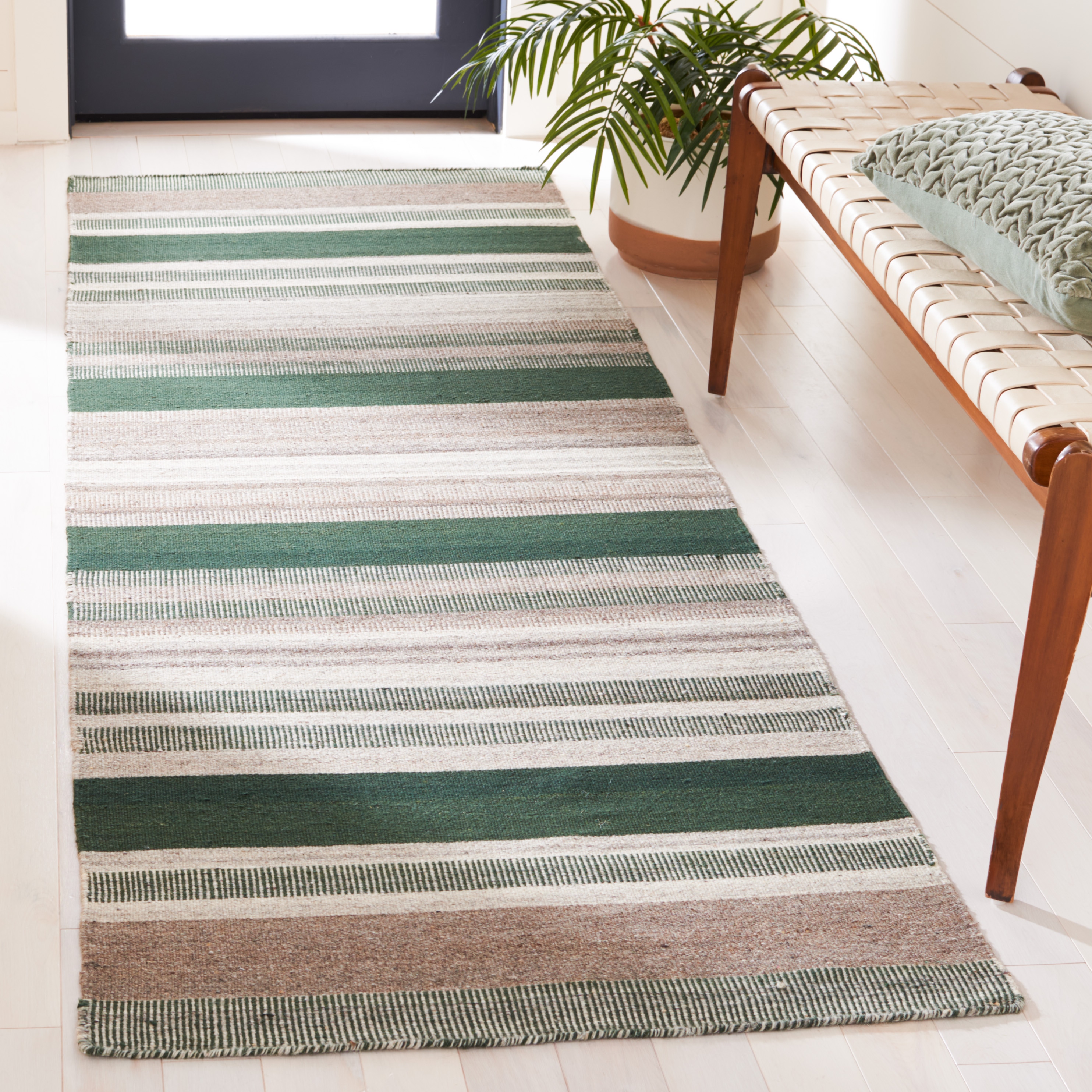  Dhurries 628 Green/Gray Contemporary 2ft-6in x 8ft Runner Rug