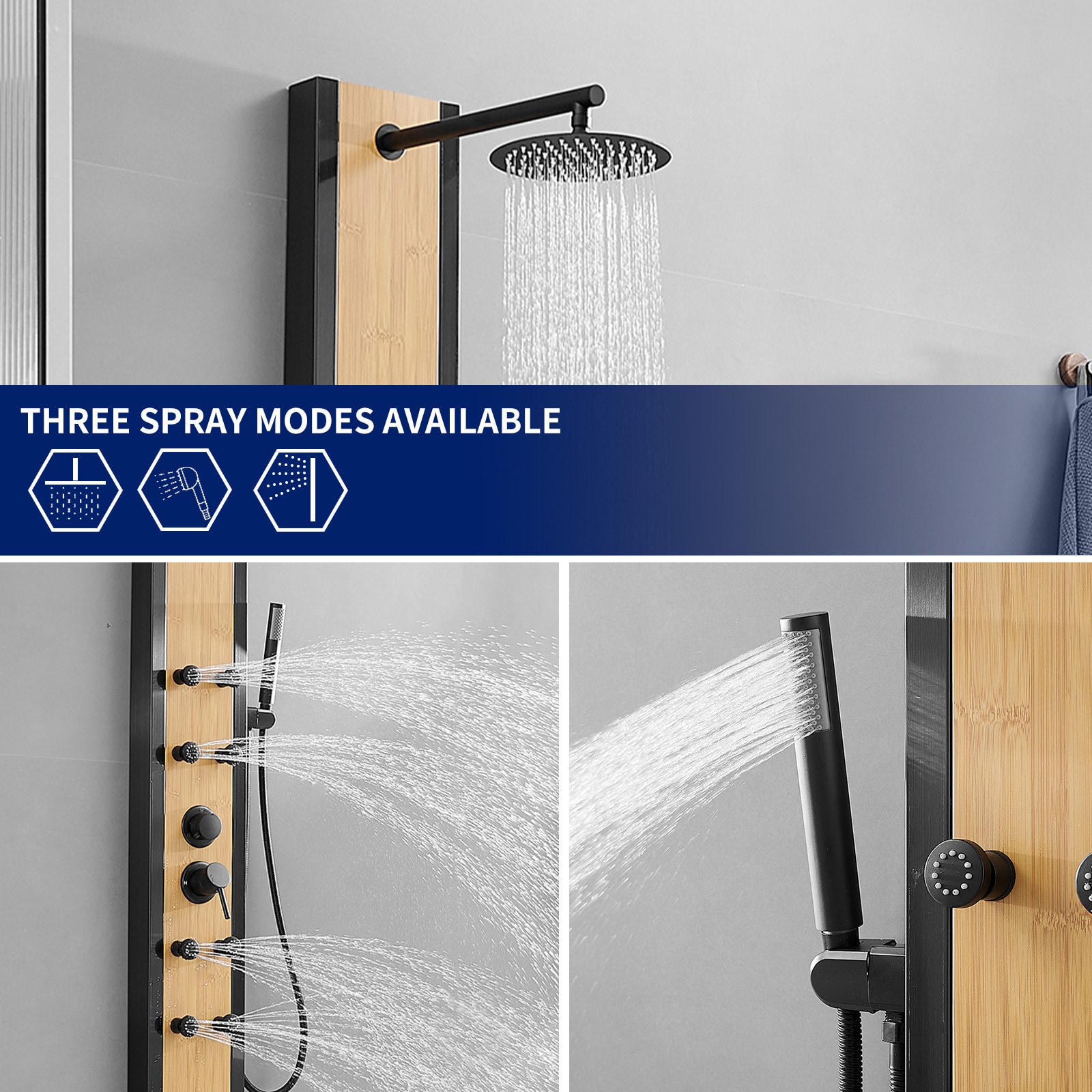 Matte Black and Bamboo 60'' Shower Panel System with Jets