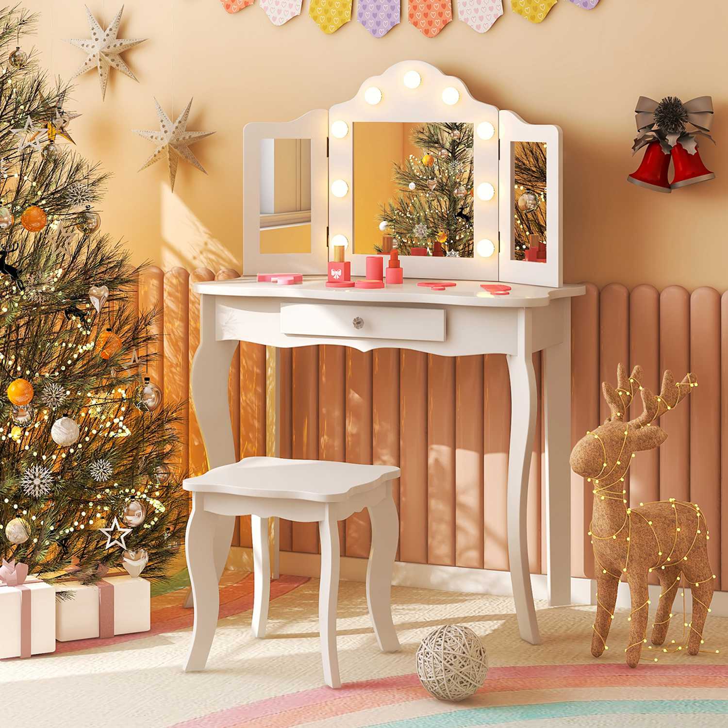 Costway CSHY000079 Kid Vanity Table Stool Set Tri-Folding Mirror Adjustable 3-Color LED Light White