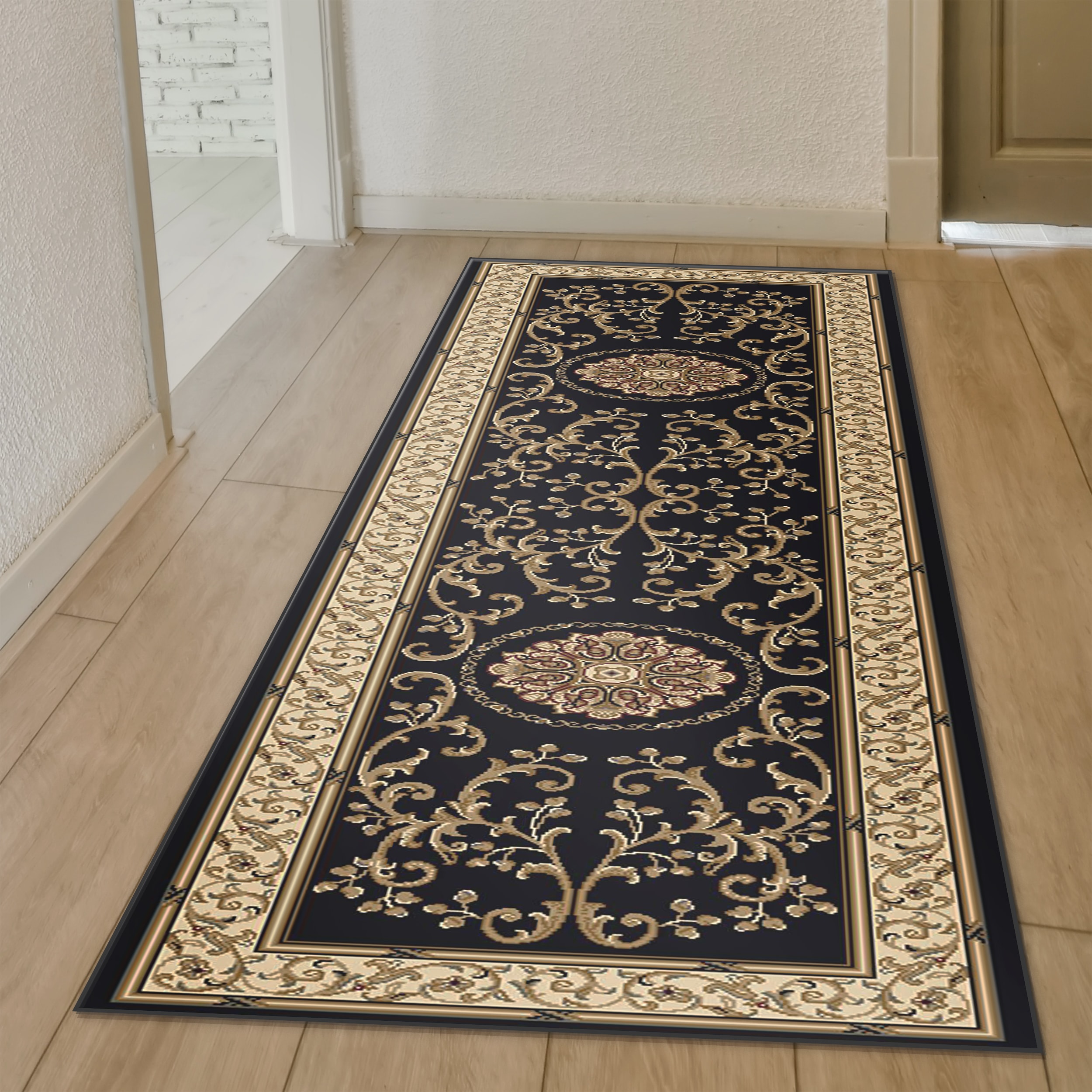 Radici USA 1419/1324/BLACK Noble 2 x 8 (ft) Polypropylene Black Rectangular Indoor Medallion Oriental Runner rug