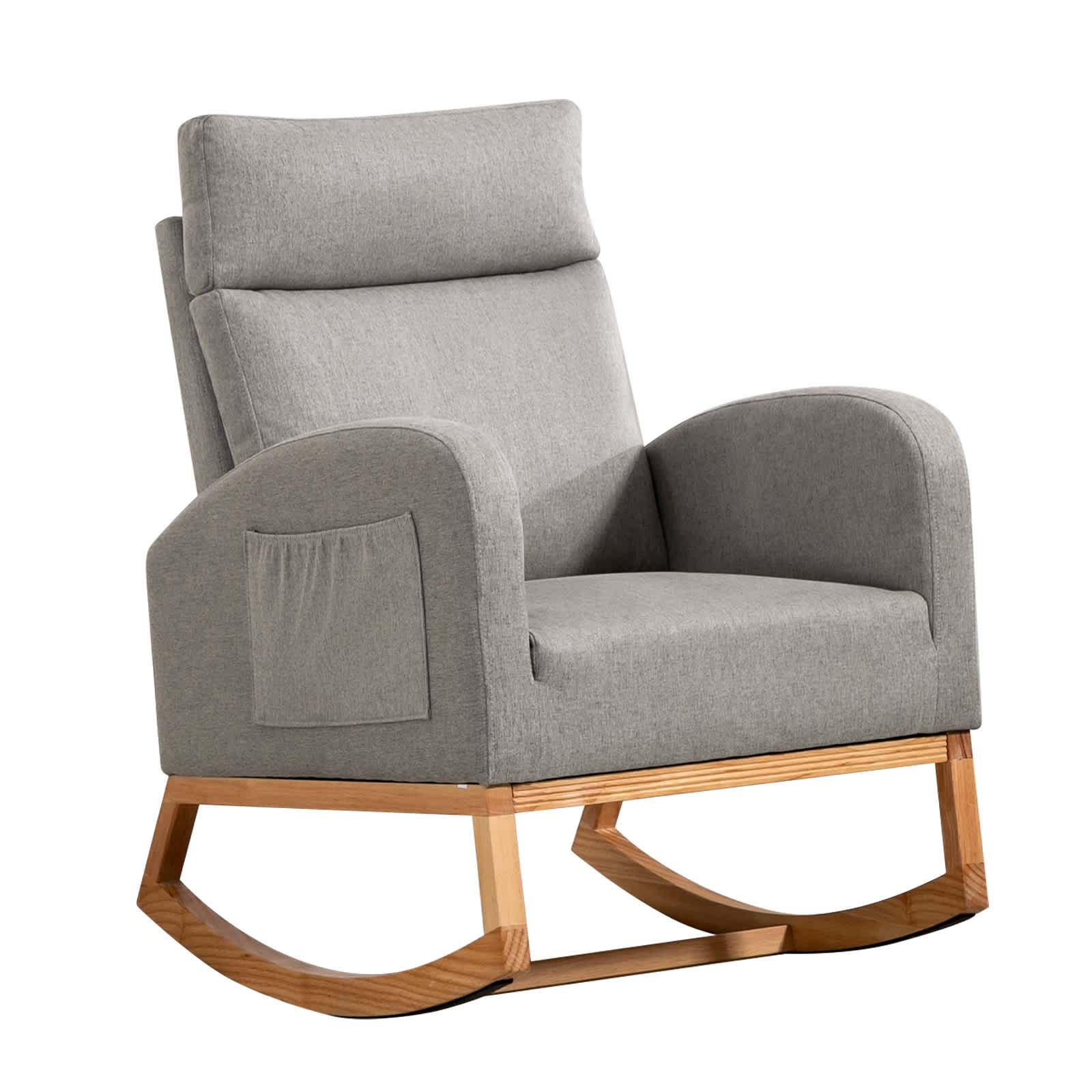 WhizMax KL-PHO-13KYUQH8 Modern Nursery Rocking Chair Plush Linen Upholstered Glider with Headrest and High Back Design Storage Pockets Solid Rubber Wood Legs Versatile Armchair for Living Room Bedroom Nursery Use