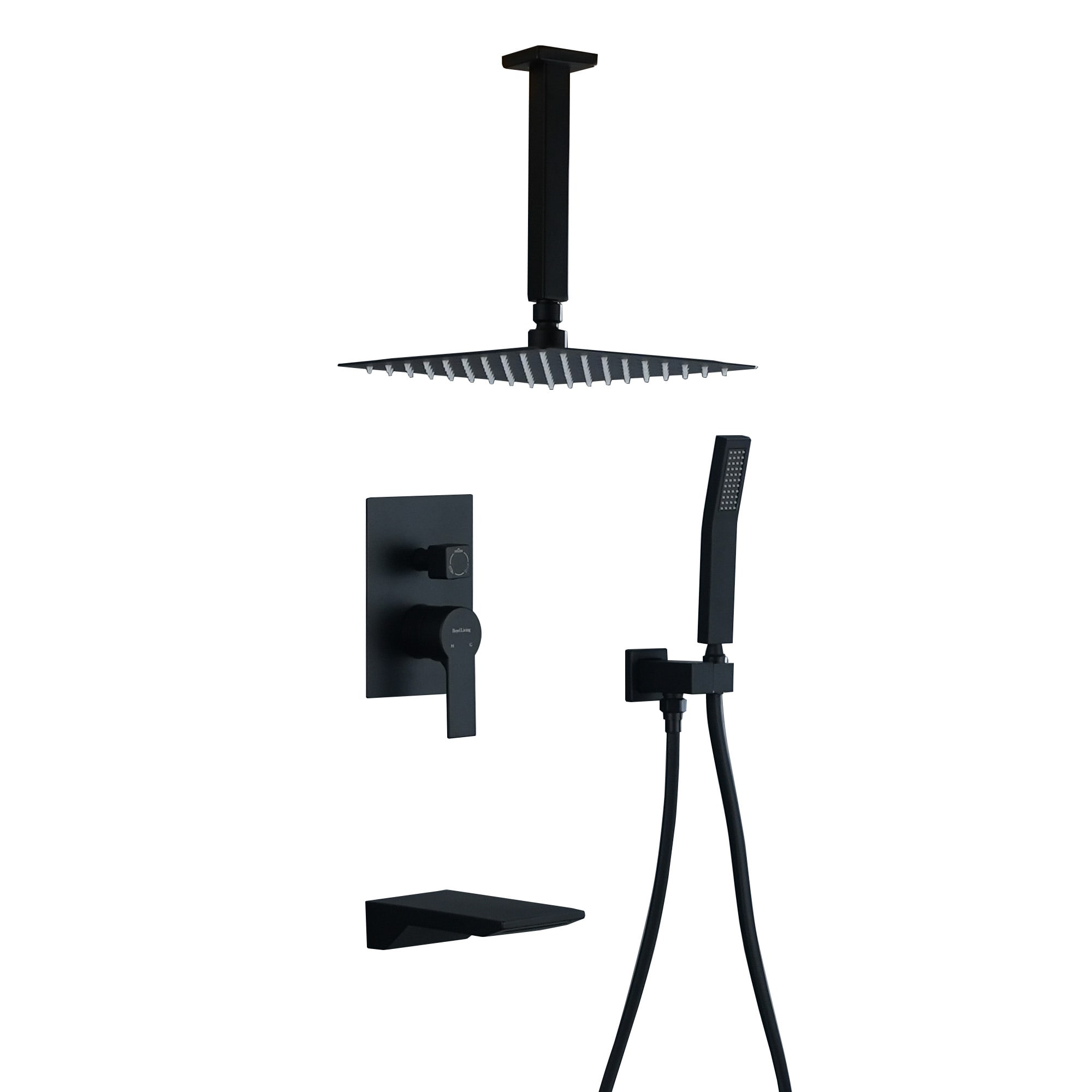 Clihome SMD-88017B-10 Black 10-in Waterfall Dual Head Built-In Shower Faucet System with 3-way Diverter ( Pressure-balanced Valve Included )