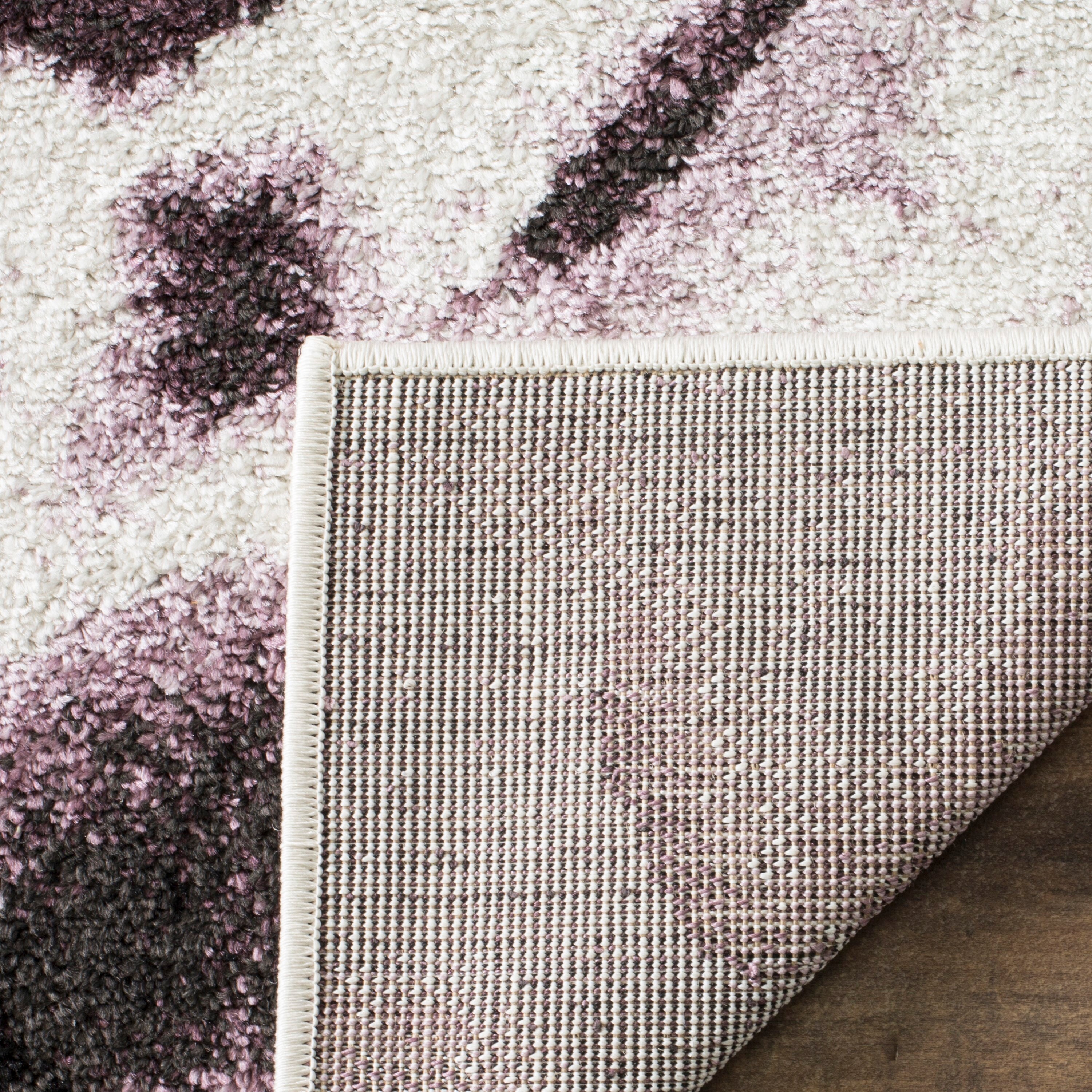 Ivory and Purple Floral Square Synthetic Area Rug