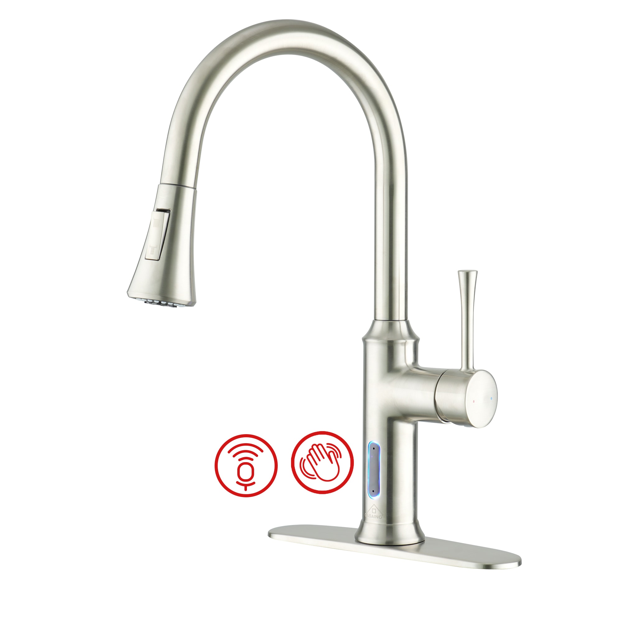 CASAINC CASA02GP17NS Voice and sensor activated kitchen faucet Brushed Nickel Single Handle Deck-mount Voice Activated Pull-down Kitchen Faucet with Sprayer ( Deck Plate Included )