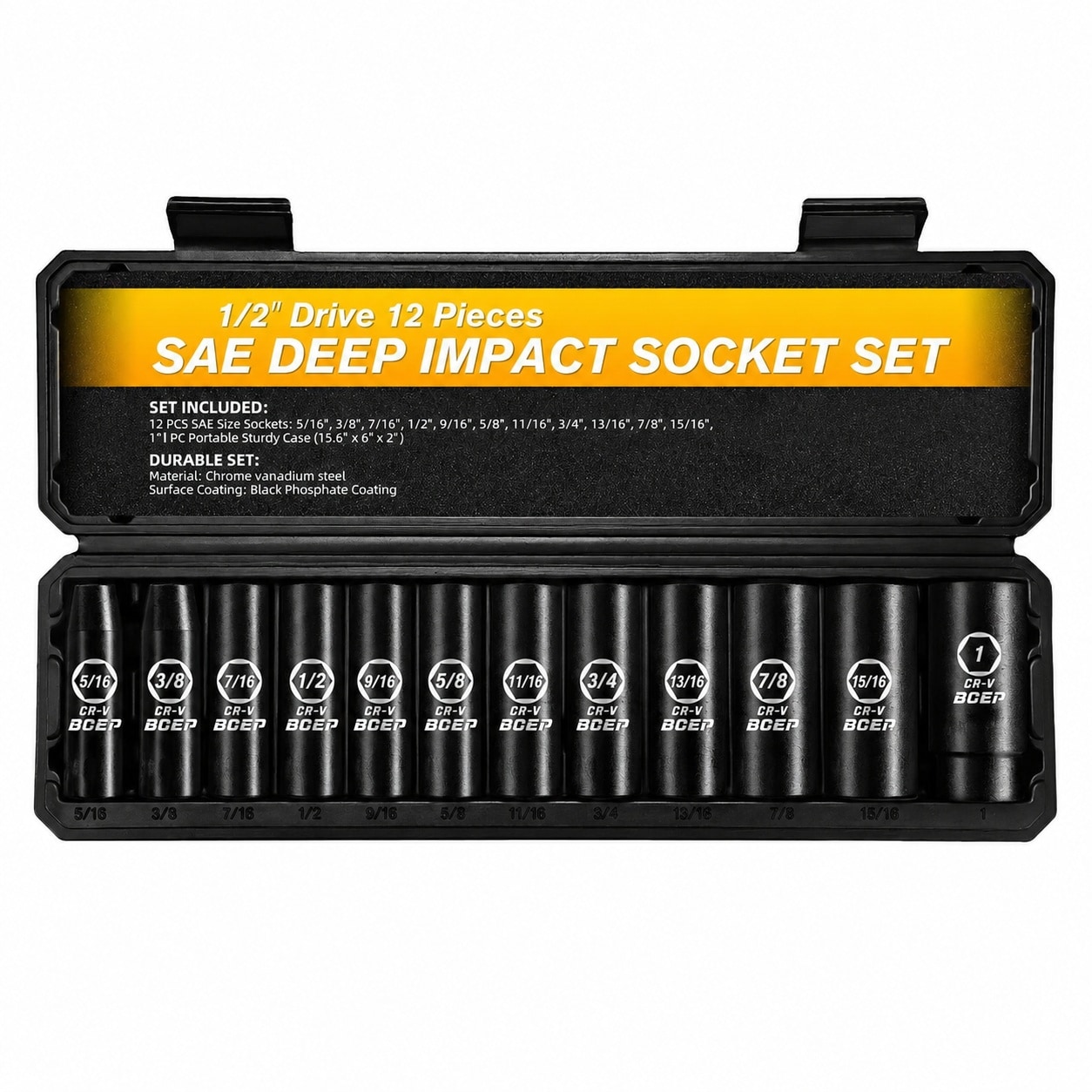 Justincity  1/2 Drive SAE Deep Impact Socket Set 12 Piece CrV Steel Socket Set SAE Size 5/16 to 1 Black Phosphate Coating 6 Point Design Meets