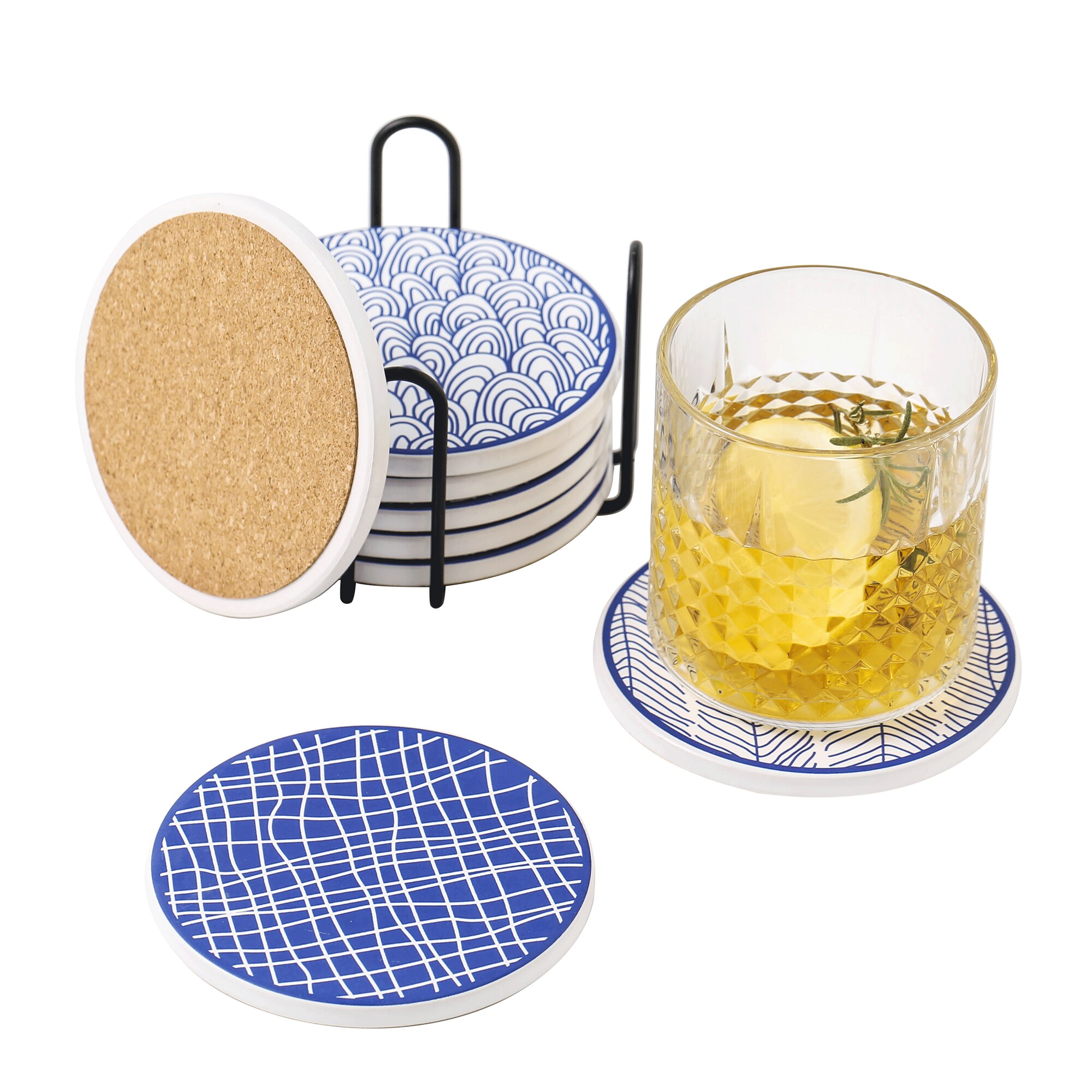 Cups & Mugs Natural Cork Coasters with Metal Holder-set of 8-4 x 4-1/5 Thick Absorbent Heat-Resistant Round Edges Best for for Cold Drinks Wine Glasses 