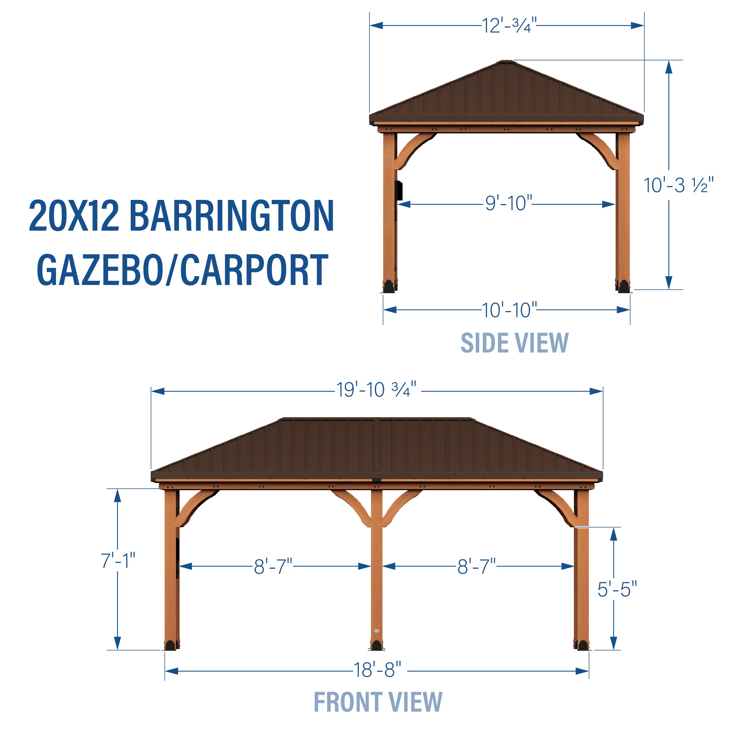 Barrington 20' x 12' Cedar Wood Gazebo with Steel Roof