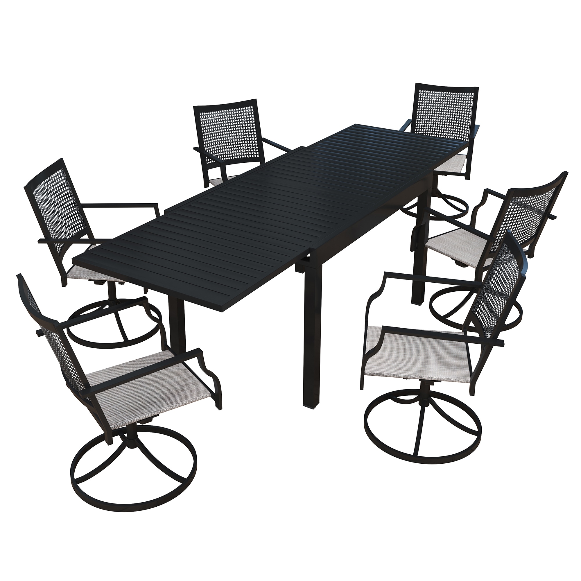 CASAINC CA-312-59A Patio Dining Set Extendable Table Iron Rectangle Table with 6pcs Swivel Chairs 7 -Piece Black Woven Patio Dining Set Extendable Table Iron Rectangle Table with 6 Off-white Swivel Chairs