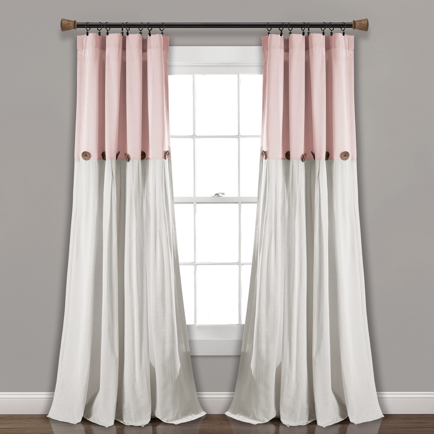 Blush and Off-White Linen Button Window Curtain Panel