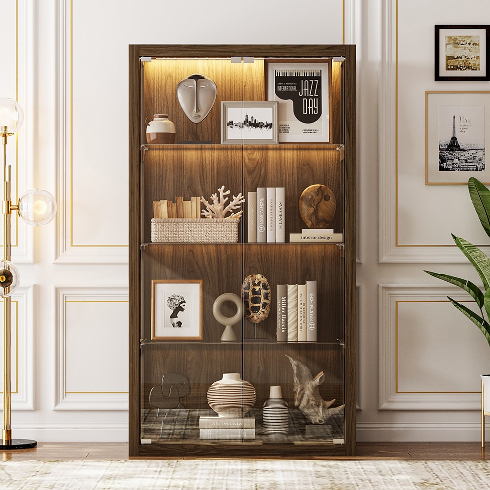Homsee V-KF260174-01 Walnut Display Cabinet with Glass Doors and Adjustable Shelves Modern 2 Door Showcase with Lighting for Living Room or Dining Room