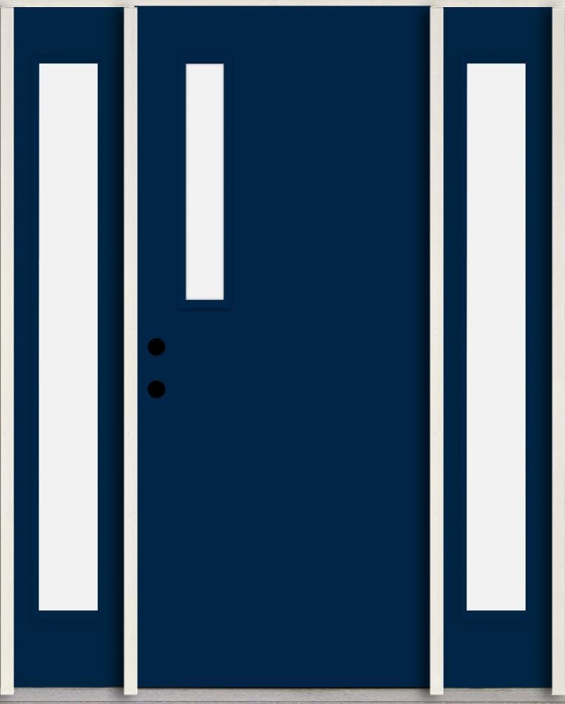 RELIABILT LO1063305 Spotlights 60-in x 80-in x 4-5/8-in Fiberglass 1/4 lite Right-hand inswing Naval Paint Painted Prehung Front Door with Sidelights Insulating core