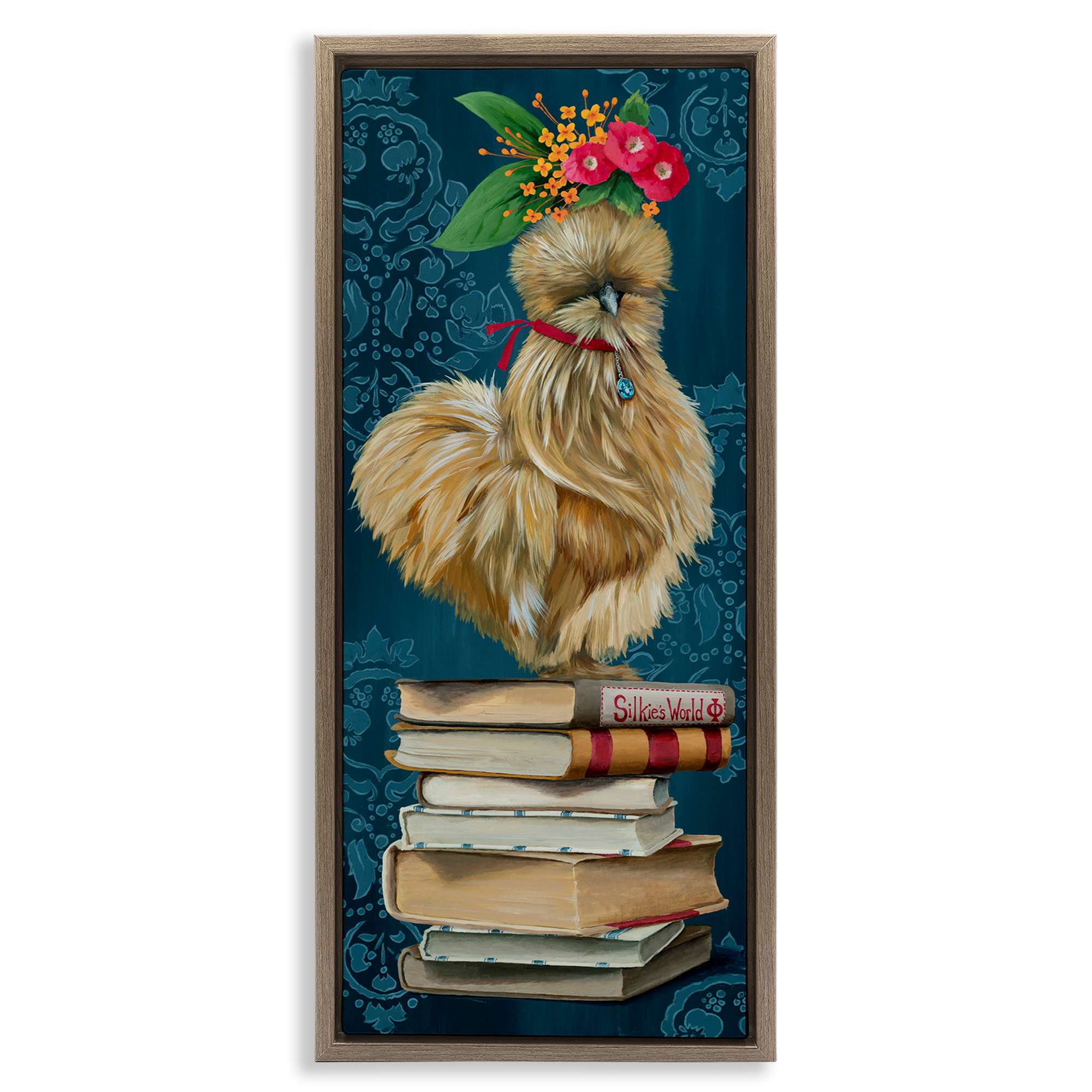Stupell Industries BT-211-FFE-13X30 Farmhouse Chicken on Bookstack Floating Frame design by Heather Gauthier