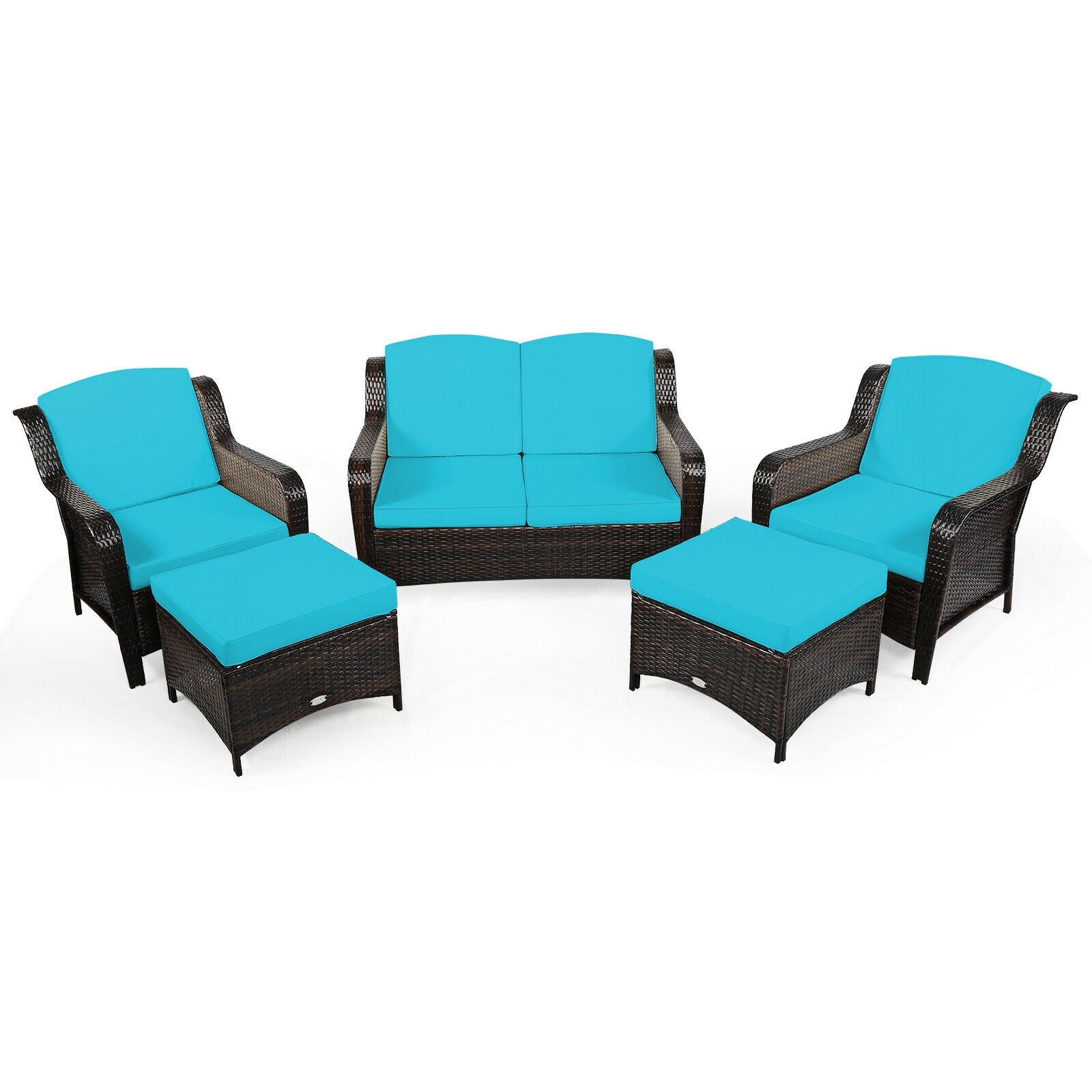 WELLFOR OUS67702TU+ 5 -Piece Rattan Patio Conversation Set with Blue Cushions