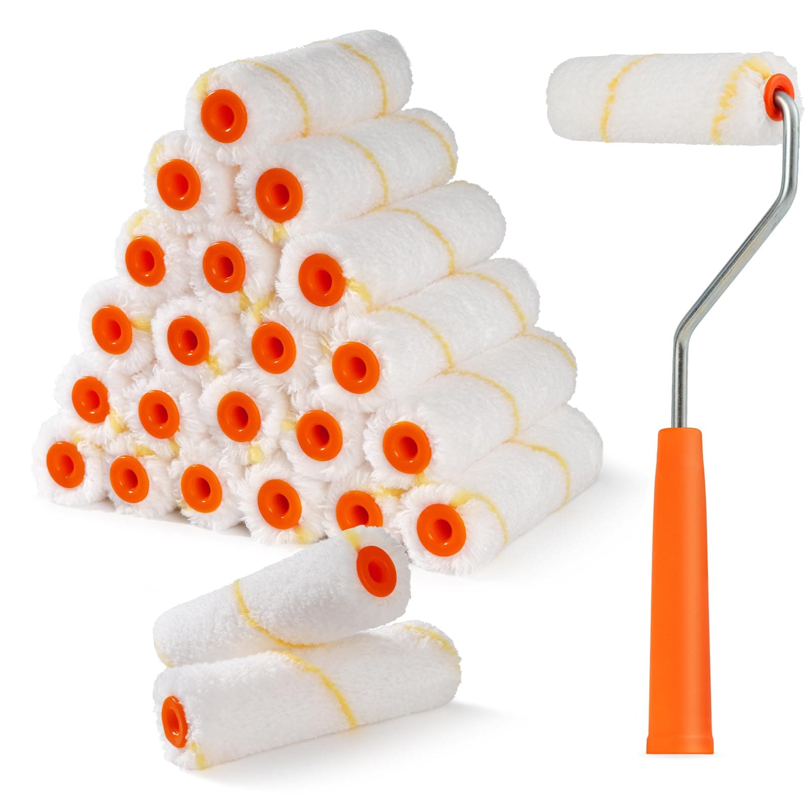 Phewnyzo  24 Pack Microfiber Paint Roller Covers 4 Inch with 2 Roller Frames 3 8 Inch Nap Small Paint Rollers for Walls Ceilings and Trim Painting