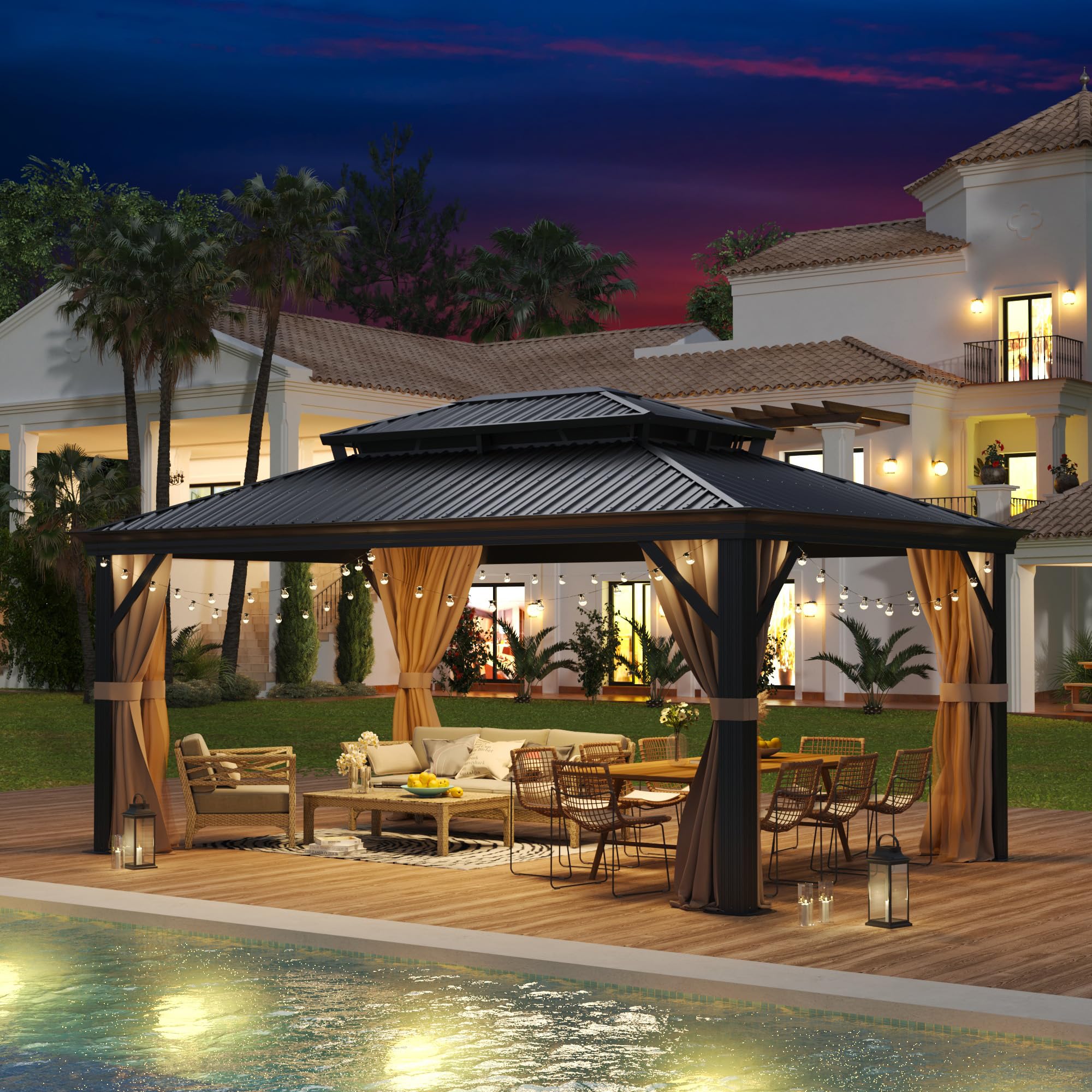 AURA OUTDOOR OAGB-1218 12-ft x 18-ft BLACK Rectangle Gazebo with Hardtop Steel Roof (Screen Included)