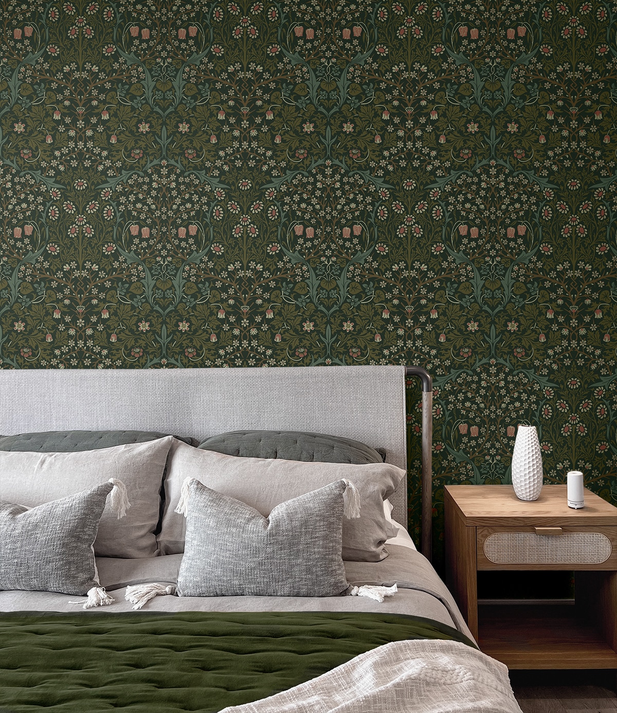 Victorian Garden Green Damask Self-Adhesive Peel and Stick Wallpaper