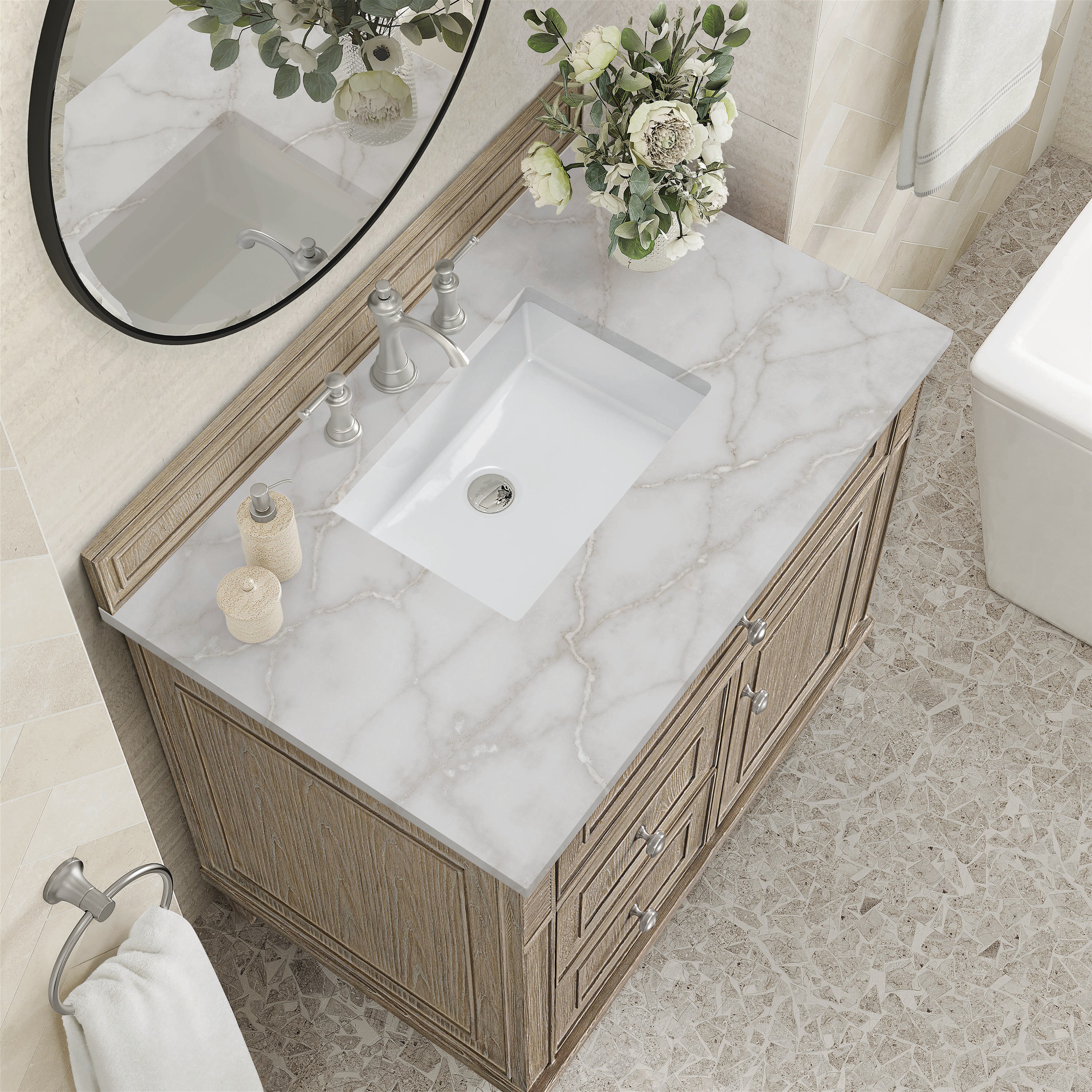Lorelai 36" Whitewashed Oak Single Vanity with Victorian Silver Quartz Top