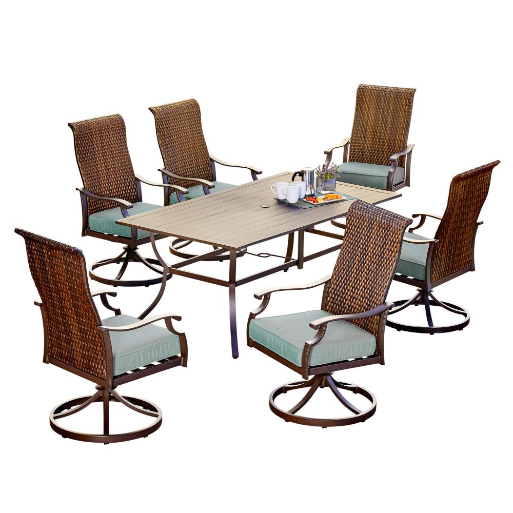 Royal Garden ROVDST715 Roberts Park 7 -Piece Brown Wicker Patio Dining Set Aluminum Rectangle Table with 6 Blue Cushions Swivel Chairs