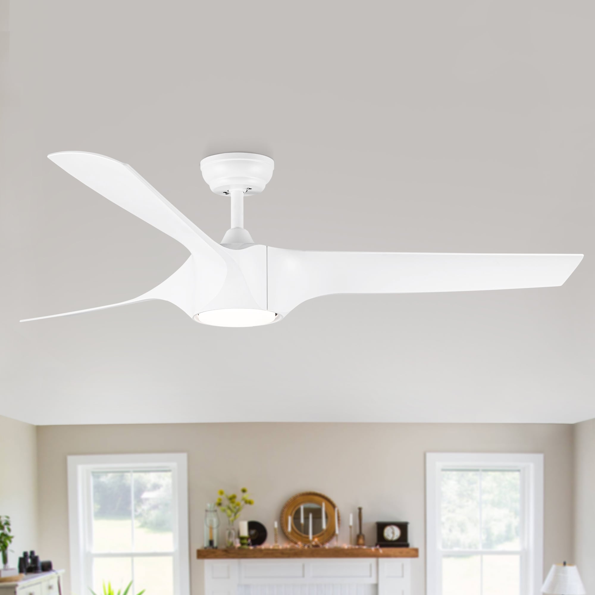 ExBrite DICF0028 56-Inches Matte White with Matte Blades Color-Changing Integrated LED Fixture Indoor Downrod mount Propeller Ceiling Fan With Light and Remote ( 3 -Blade)