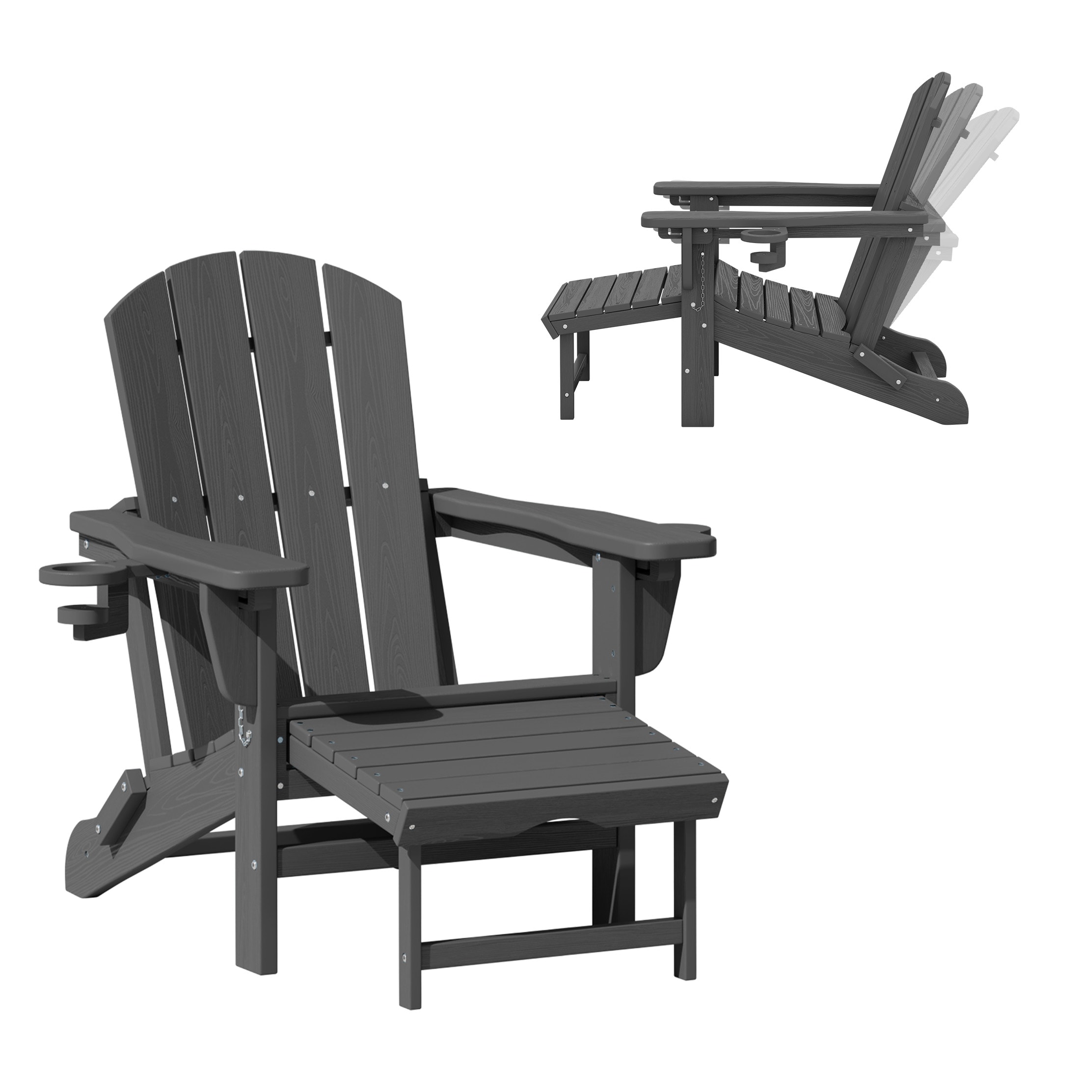 VOUA AK-CLGJ-GY Adjustable Chair with Pull-Out Footrest and Cup Holders Stackable Gray HDPE Frame Stationary Adirondack Chair with Slat Seat