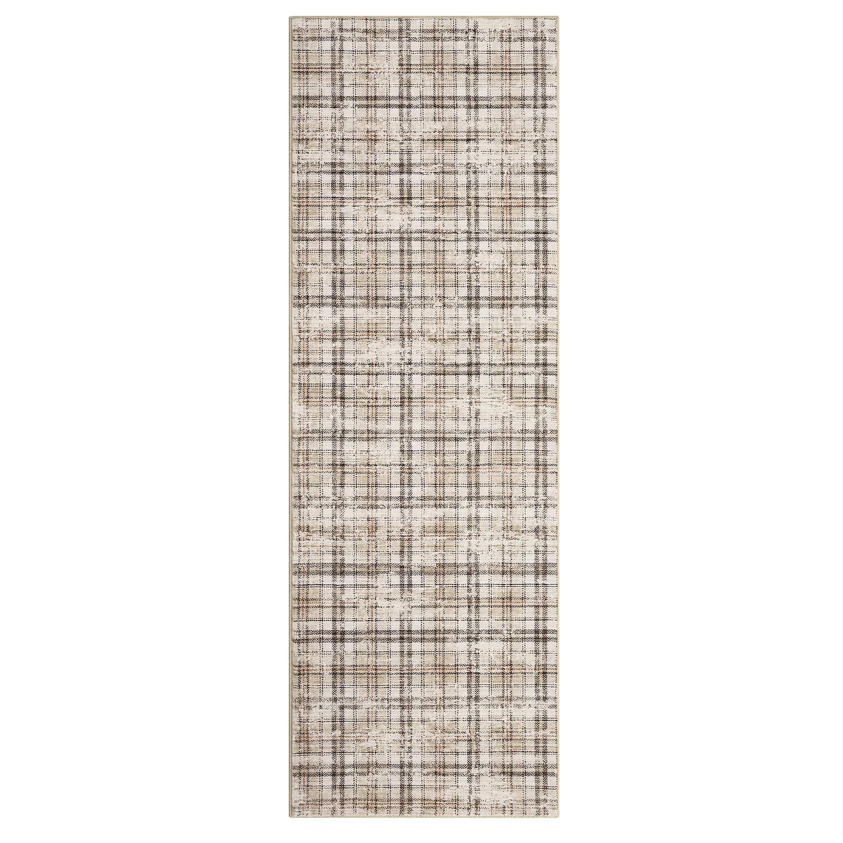 Qeetex SUNNY-PHO-13CGHBYK 2 x 6 ft Polyester Beige Rectangular Laundry Bathroom Kitchen Geometric Lattice Print Modern Machine Washable Runner Rug