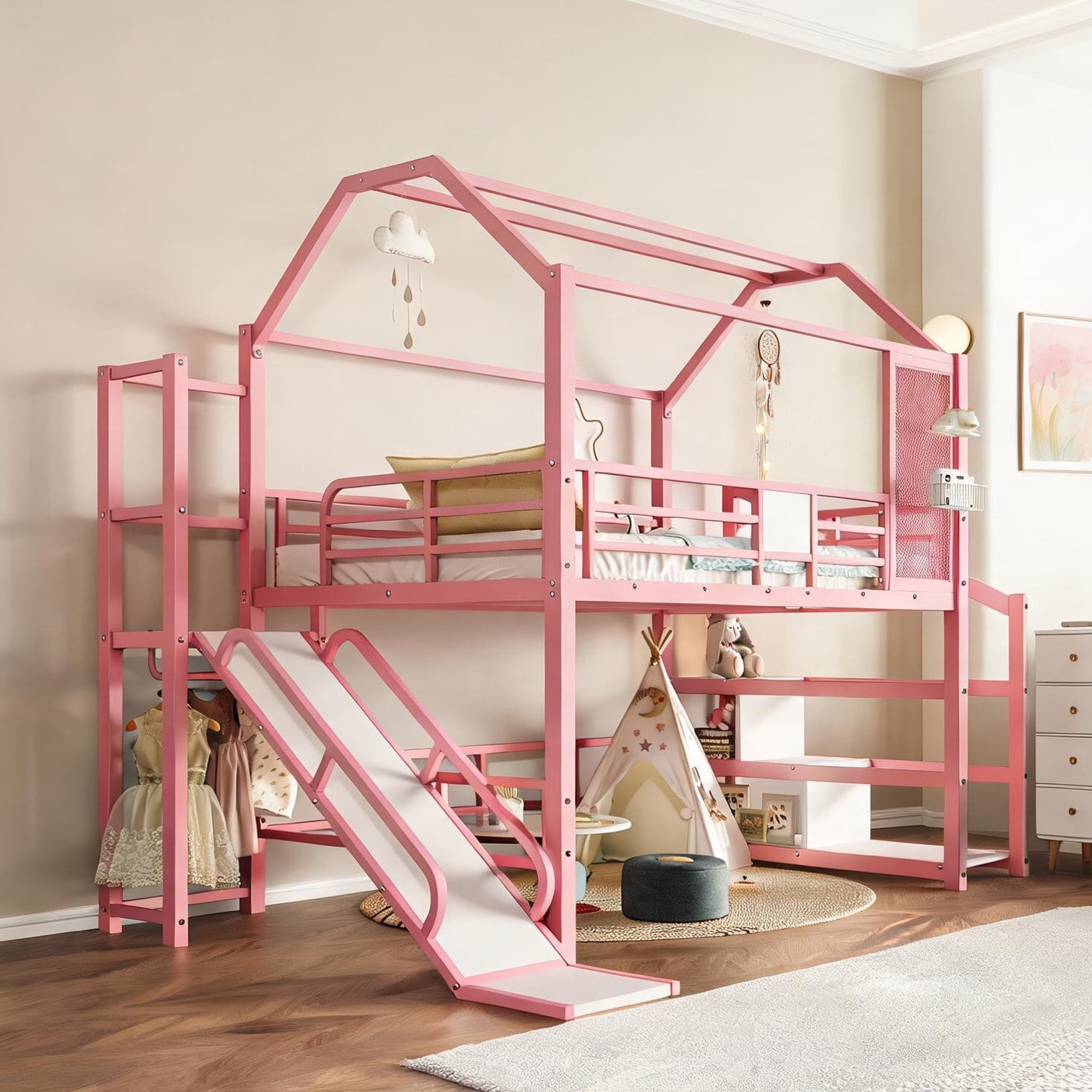 chillscreamni - MDF+Metal Loft Bed for Bedroom 112.6 x 56.7 x 78.9 in with Storage Metal Frame