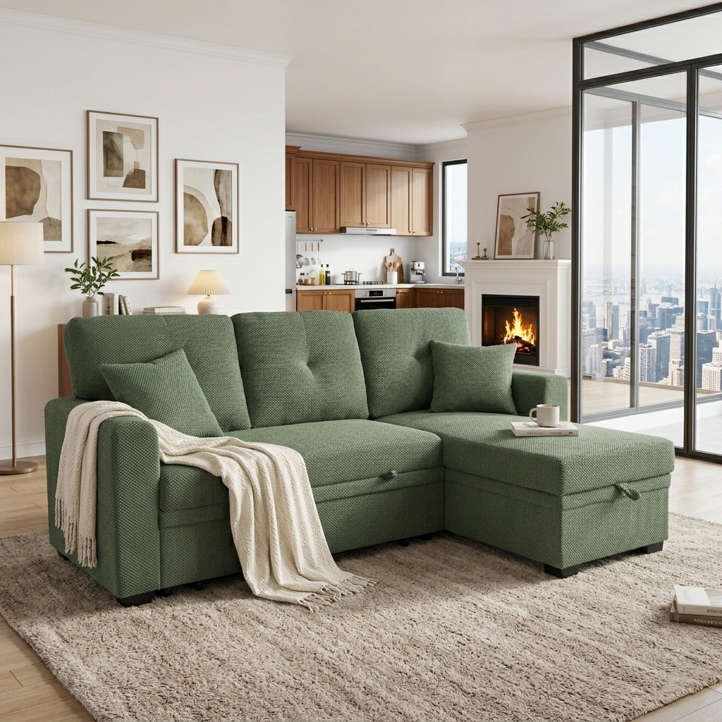 Horizons Prime 71 inch x 50 inch x 34 inch Dark Green Breathable Polyester Fabric L-Shaped Sectional Sofa Bed with Pull-Out Bed and Reversible Chaise Storage