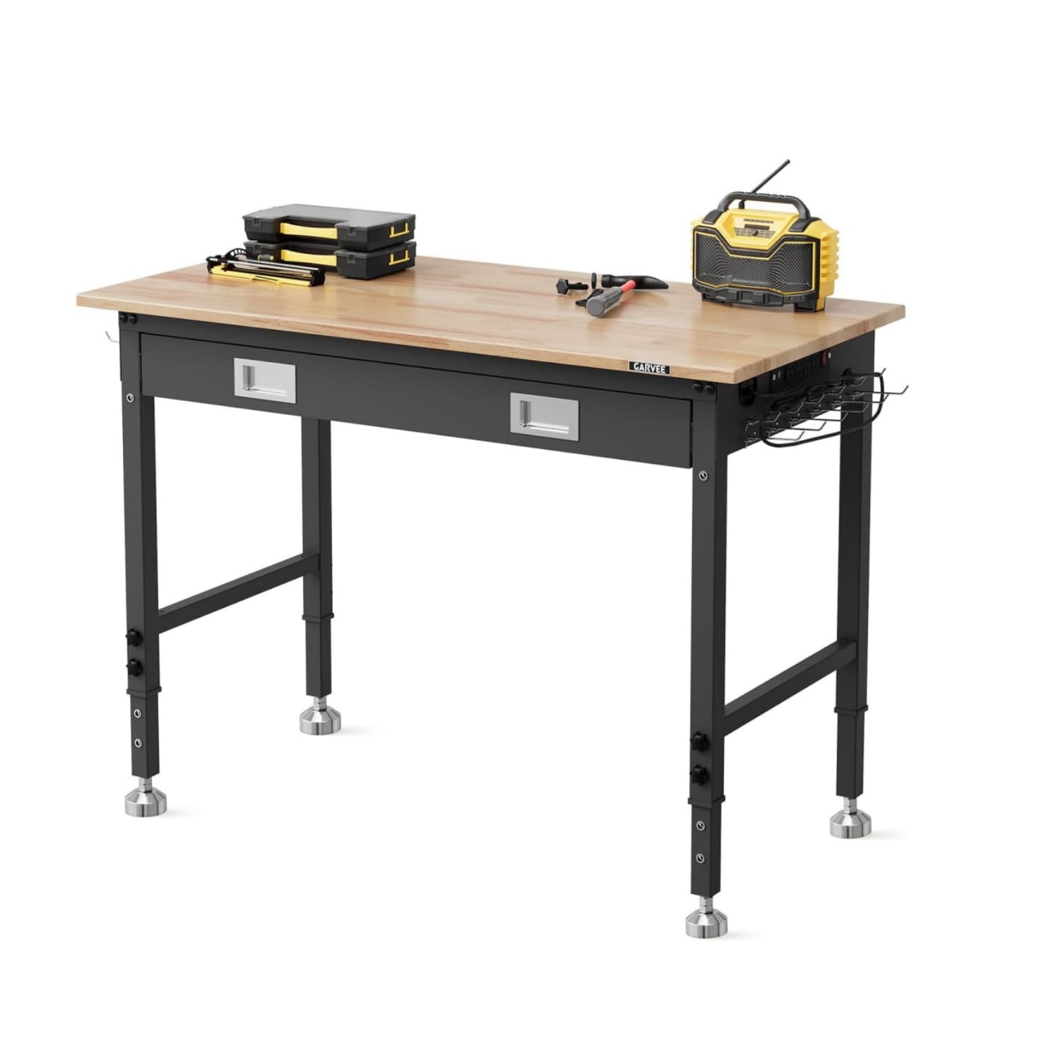 Garvee 48x24 Inch Heavy Duty Workbench with Drawer  6-Level Adjustable Height 2000 lb Load Capacity Solid Rubberwood Top ETL Power Outlets Pegboard and Hooks for Garage