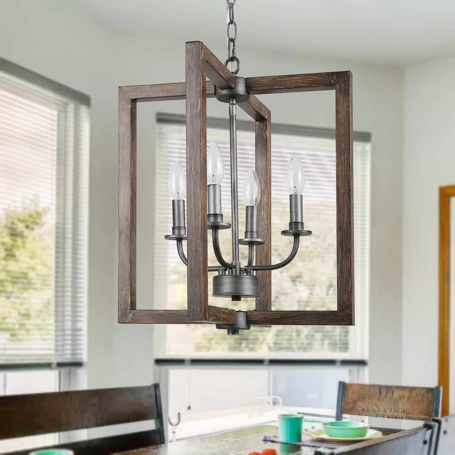 LNC 7R6VQNLWS3604L6 Geometrical 4-Light Distressed Brown and Brushed Gray Farmhouse Geometric LED Medium Hanging Kitchen Island Light