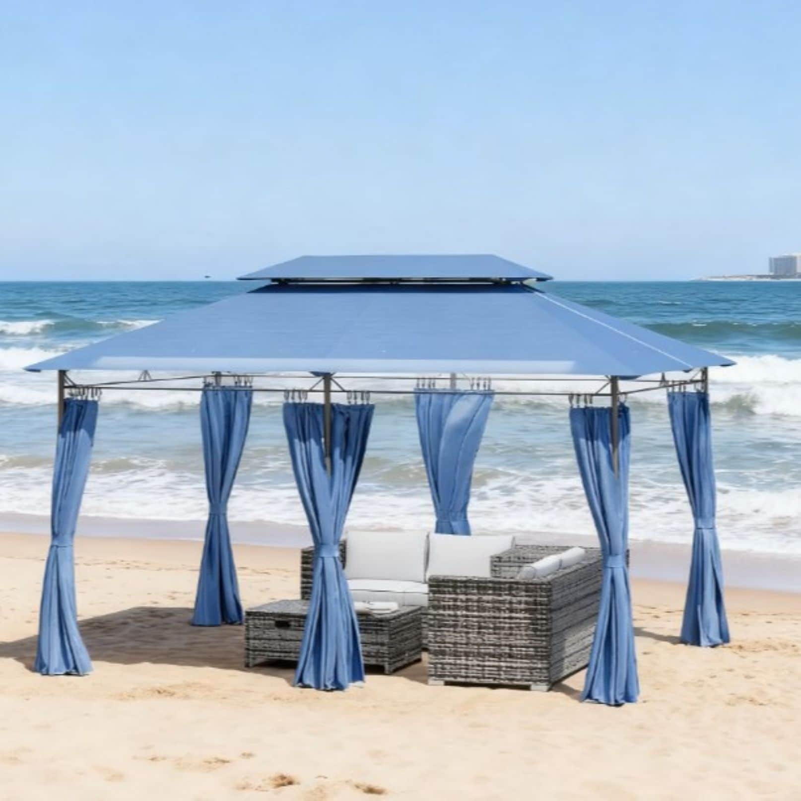 GDFStudio 371495 Outdoor Spacious 13 x 10 FT Heavy Duty Metal Double Roof Gazebo with 6 Removable Curtains - Dark Blue