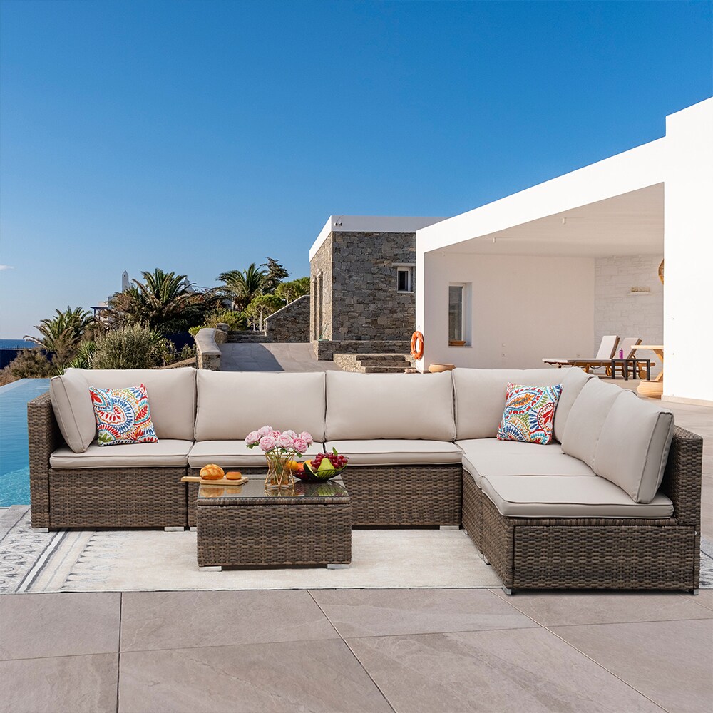 SINOFURN Rattan Outdoor Sectional with Red Cushion(S) and Rattan