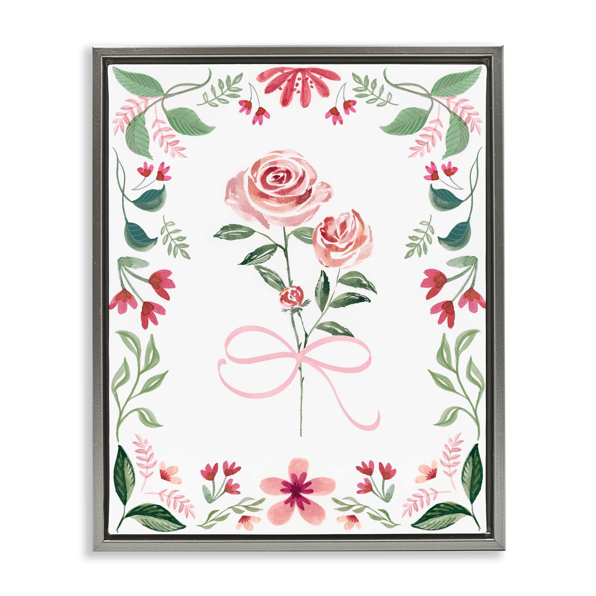 Stupell Industries BS-202-FFL-16X20 Delicate Roses Floral Border Gray Framed Floater Canvas Wall Art By Kristen Brockmon 17 x 21