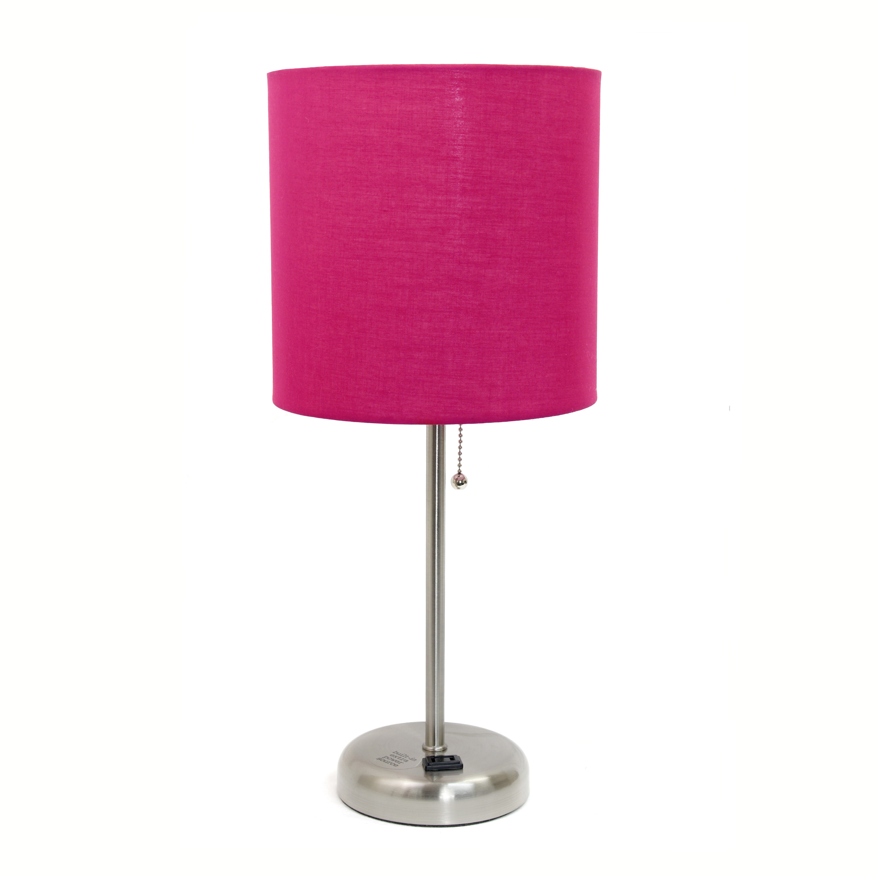 Simple Designs LT1144-PNK 19.5-inch Sleek and Slender Brushed Steel Table Lamp with Charging Outlet  for Bedroom Living Room Entryway Office Dining Room Study Pink Shade