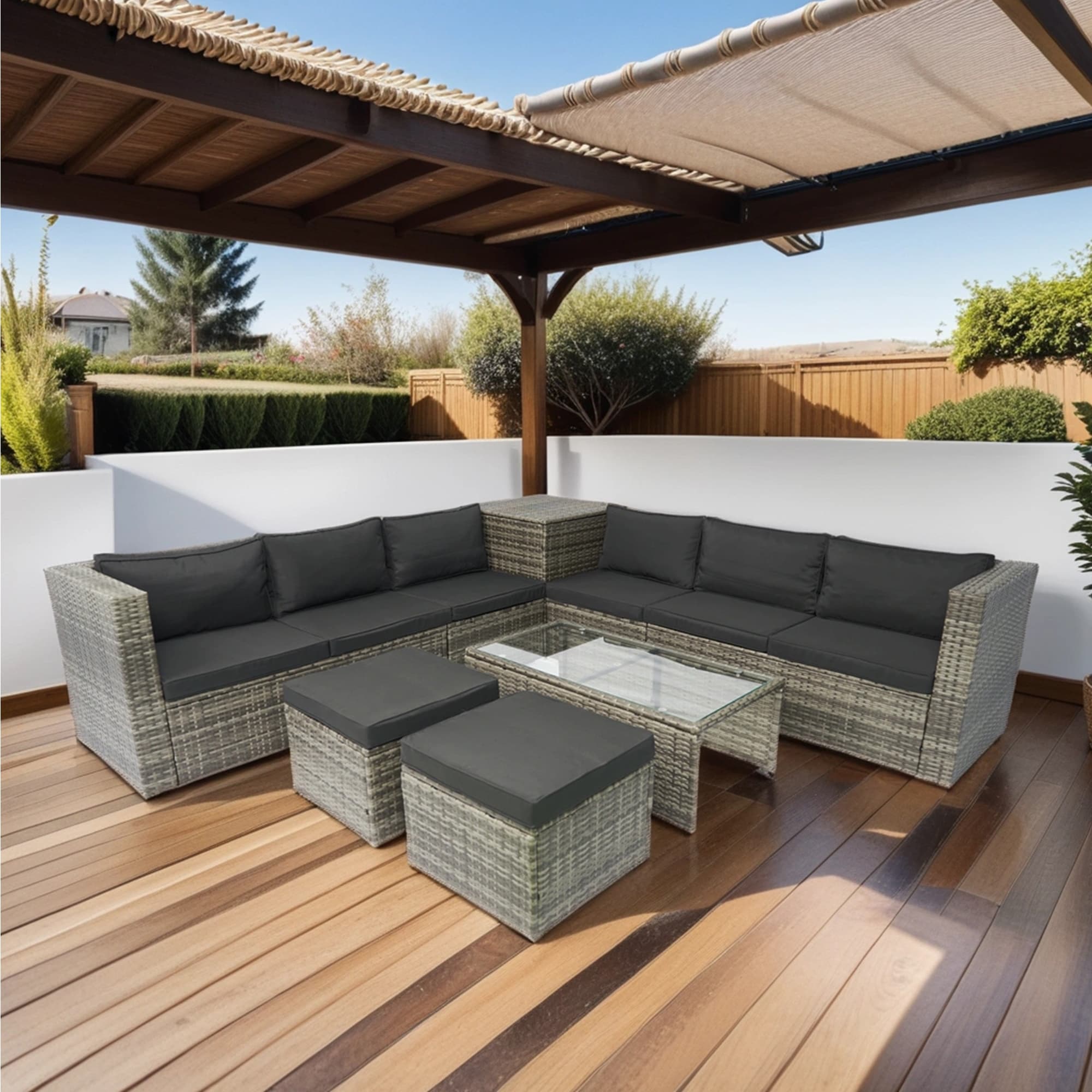 ModernLuxe L-W329S00030 8 Piece Patio Sectional Wicker Rattan Furniture Sofa Set Rattan Outdoor Sectional with Black Cushions and Iron Frame