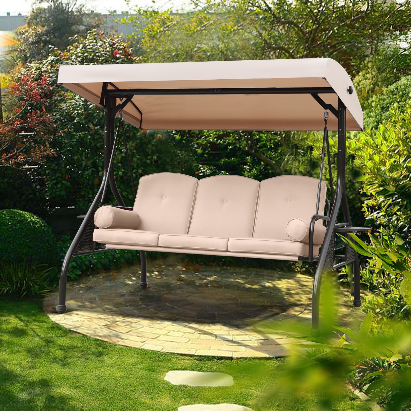 NOBLEMOOD LS-2009KH Porch Swings Gliders 3 -person Brown Aluminum Outdoor Swing bed